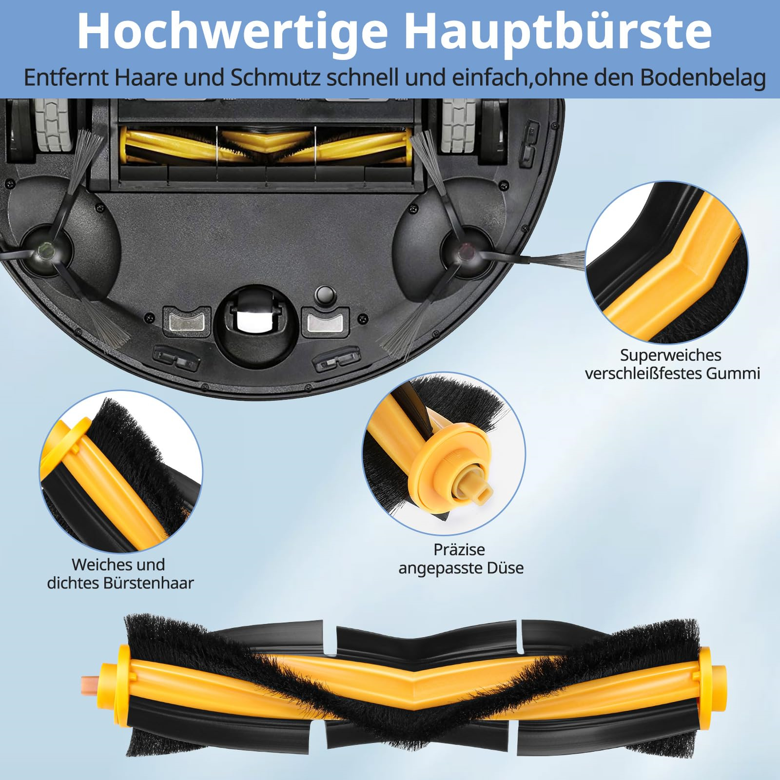 Nahaufnahme eines Roboter-Staubsaugers mit Details der Hauptbürste, der Räder und anderer Komponenten.