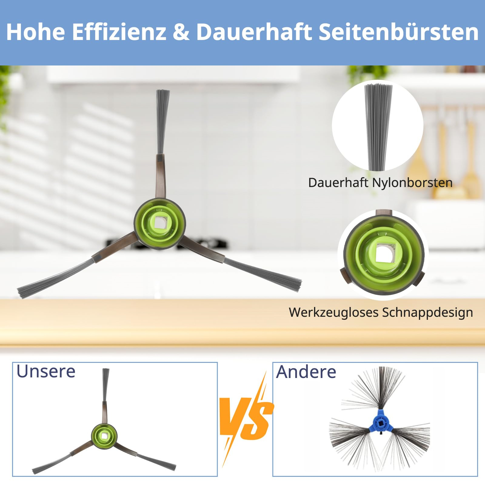Ein Produktvergleich zeigt eine Seitenbürste. Links sieht man eine dreizackige Bürste. Rechts eine Bürste mit vielen Borsten.