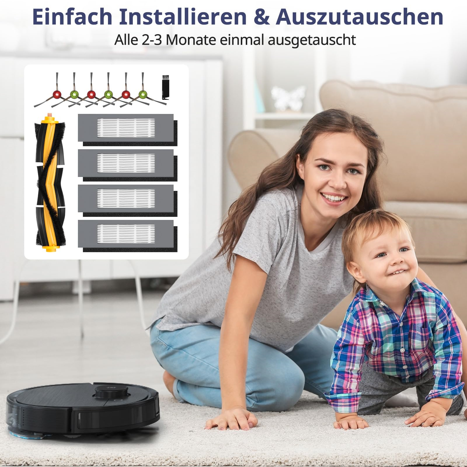 Eine Frau und ein Kind befinden sich in der Nähe eines schwarzen Roboterstaubsaugers auf einem gemusterten Teppich.