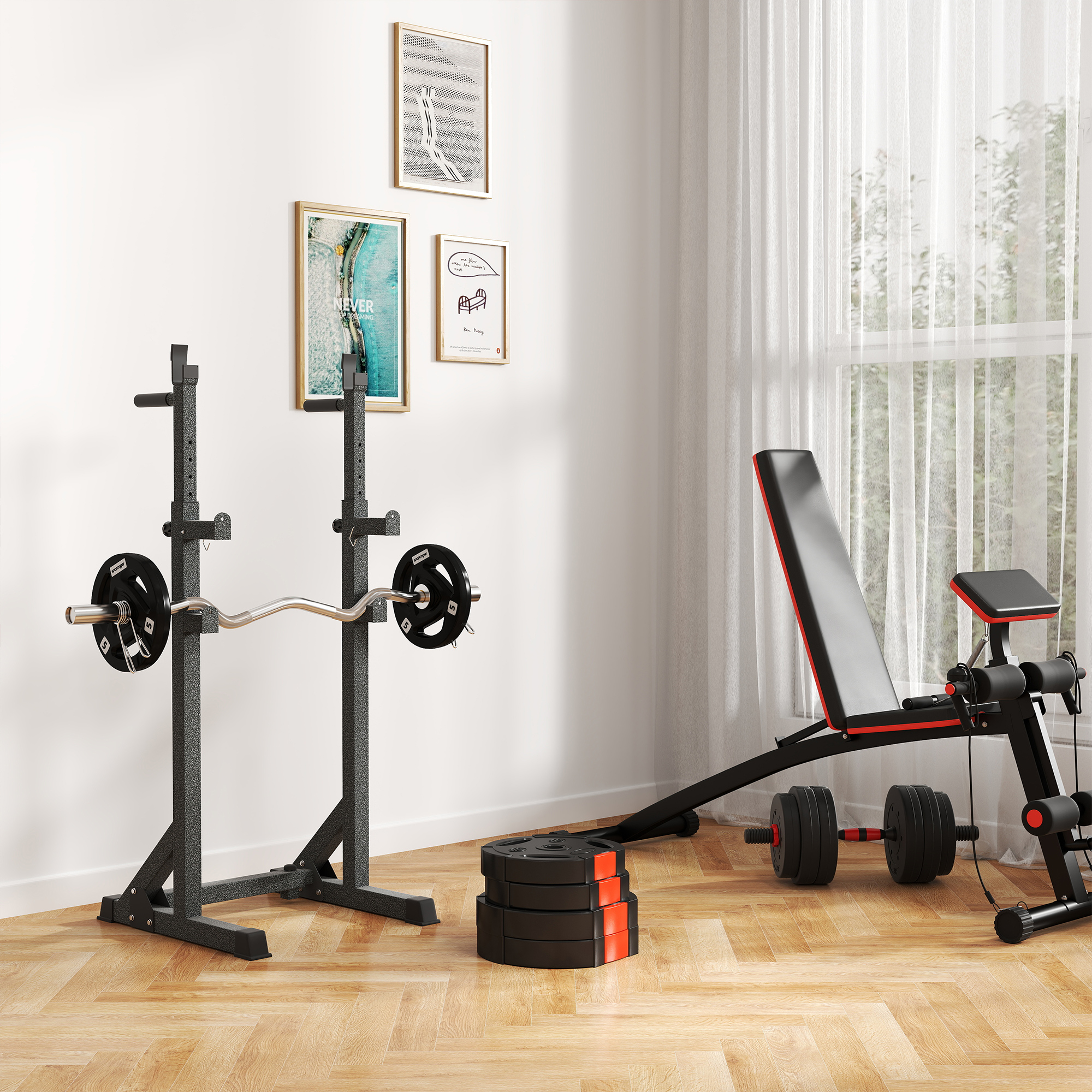 Un gimnasio con un banco de pesas, mancuernas y un estante con una barra. Los colores son negro, rojo y madera.