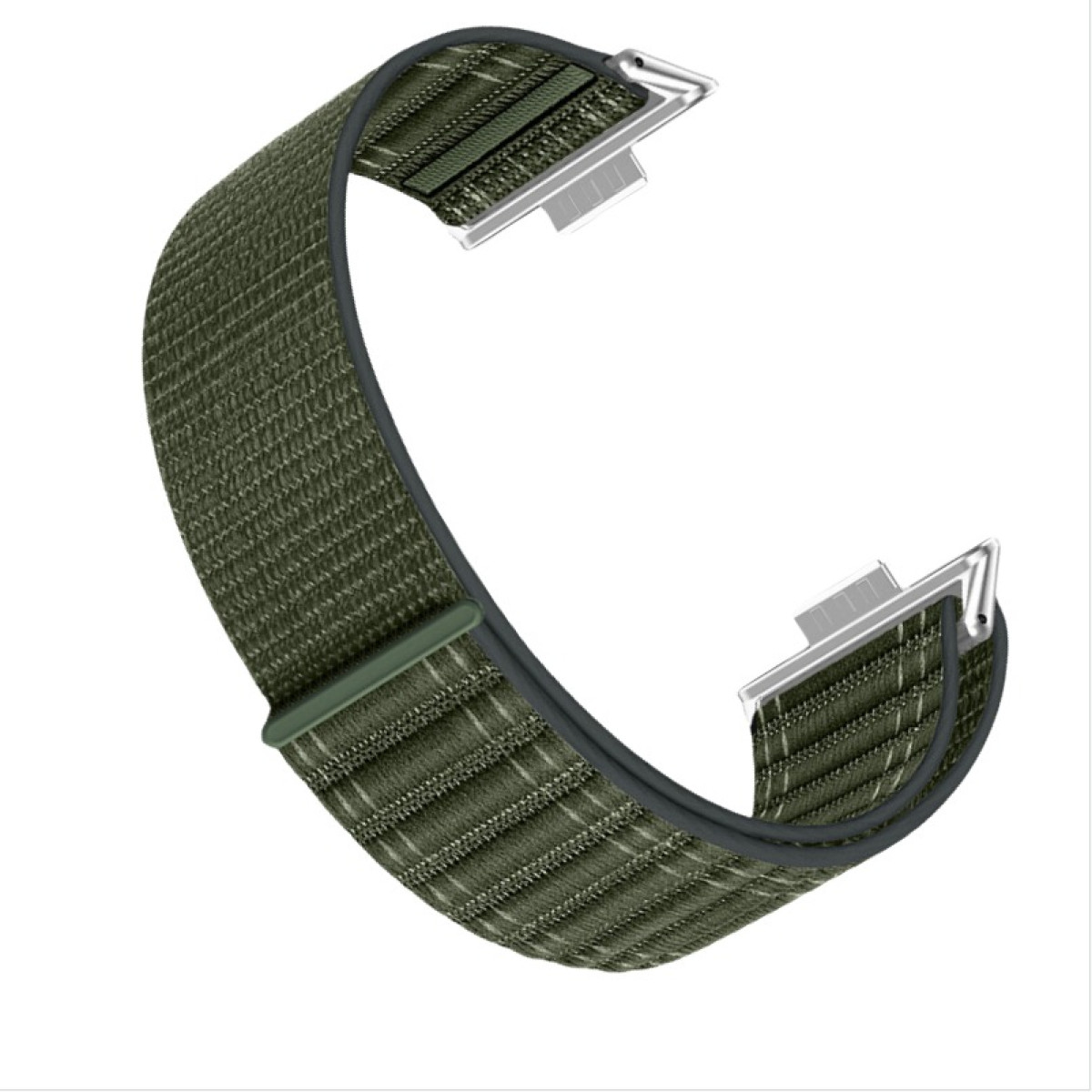 Grünes Stoff-Uhrenarmband. Silberne Metallbefestigungen an jedem Ende, isoliert auf weißem Hintergrund.