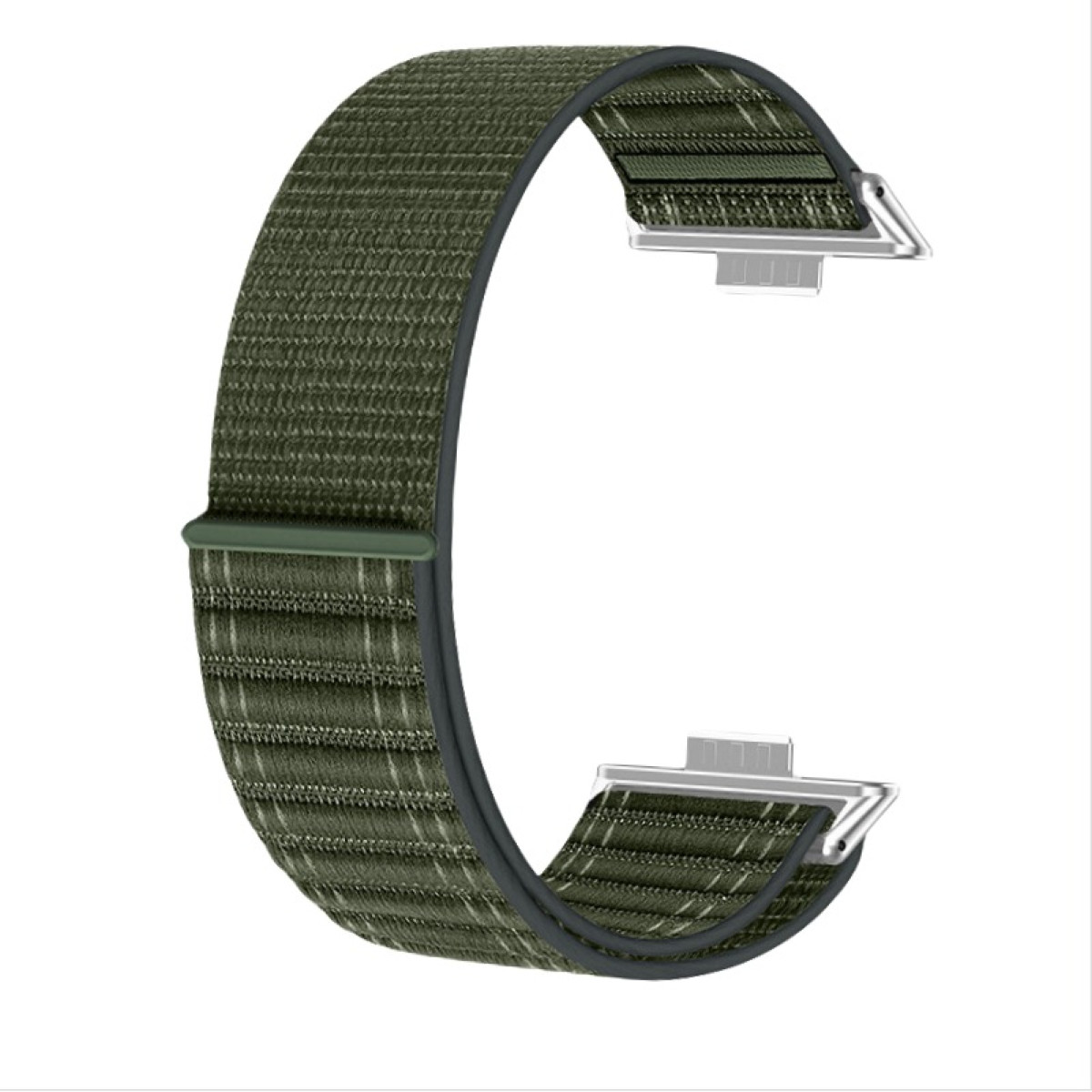 Grünes Uhrenarmband. Das Armband besteht aus Stoff. Es hat zwei Metallverbinder, um es an der Uhr zu befestigen.