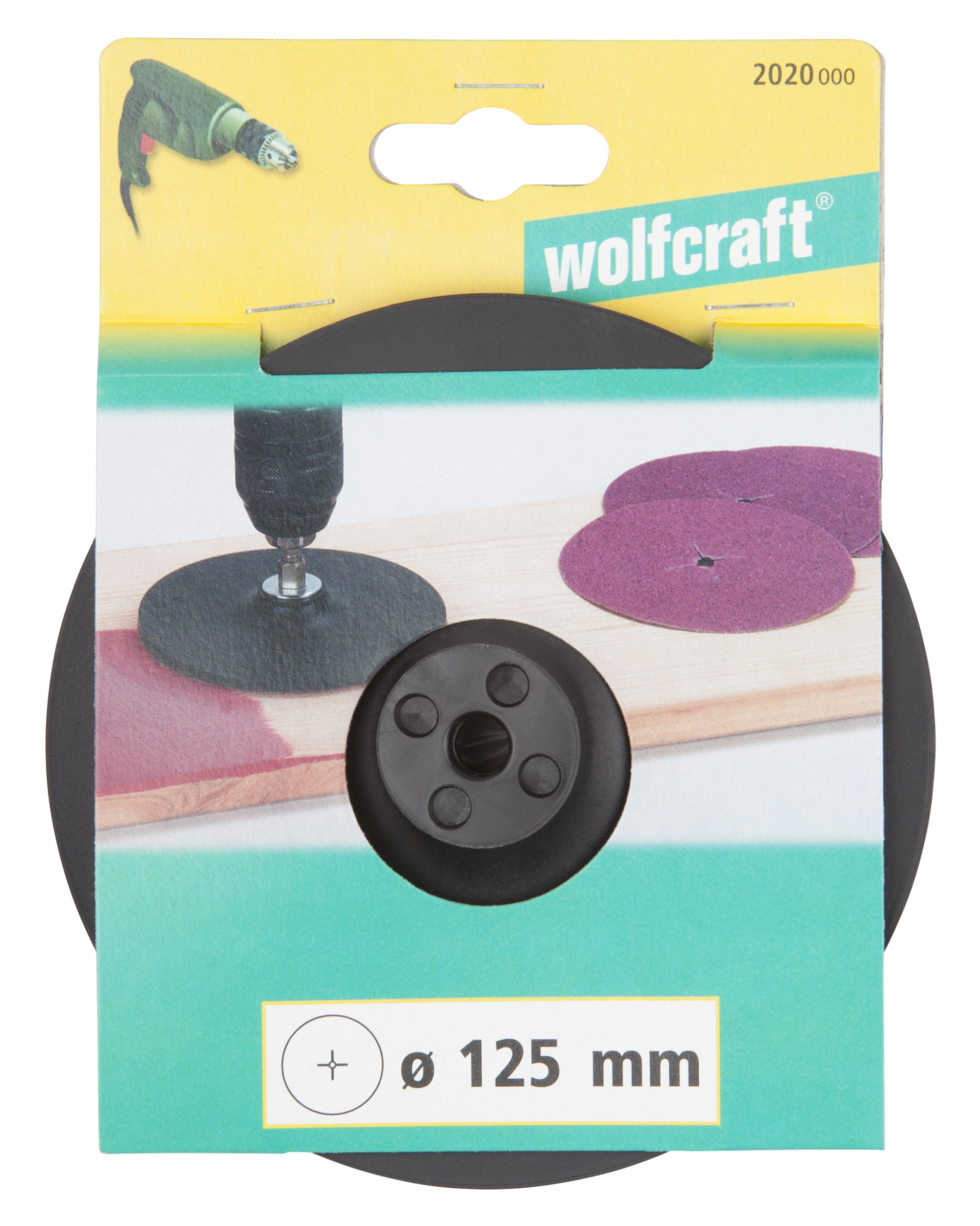 Schleifscheibensatz in Verpackung. Schwarze Scheibe und Schleifpapier vor Holzoberfläche.