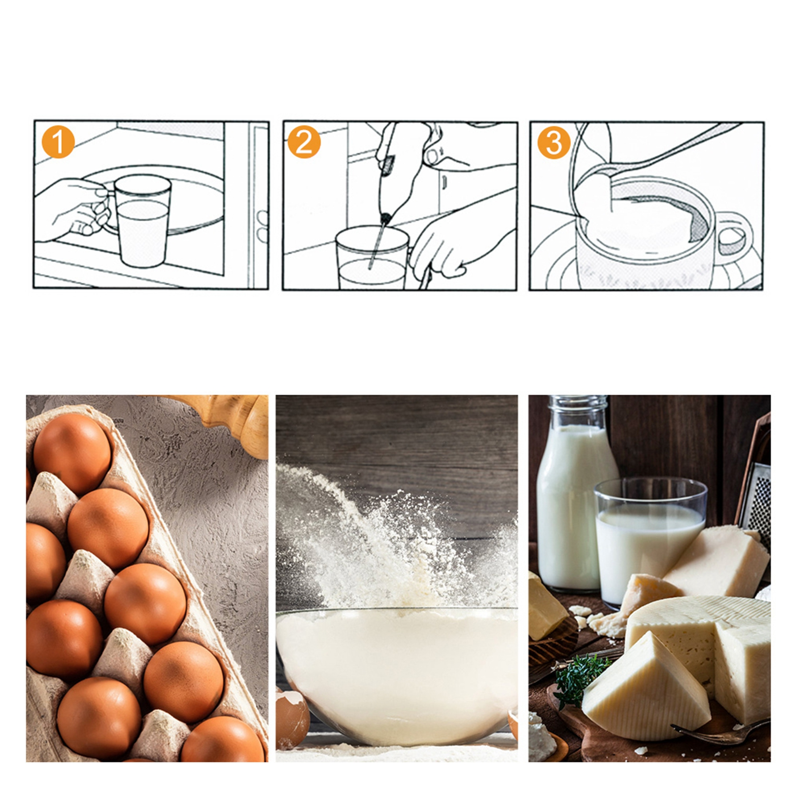 Anleitung: Milch in ein Glas, Aufschäumen und in Kaffee geben. Drei Bilder werden gezeigt.