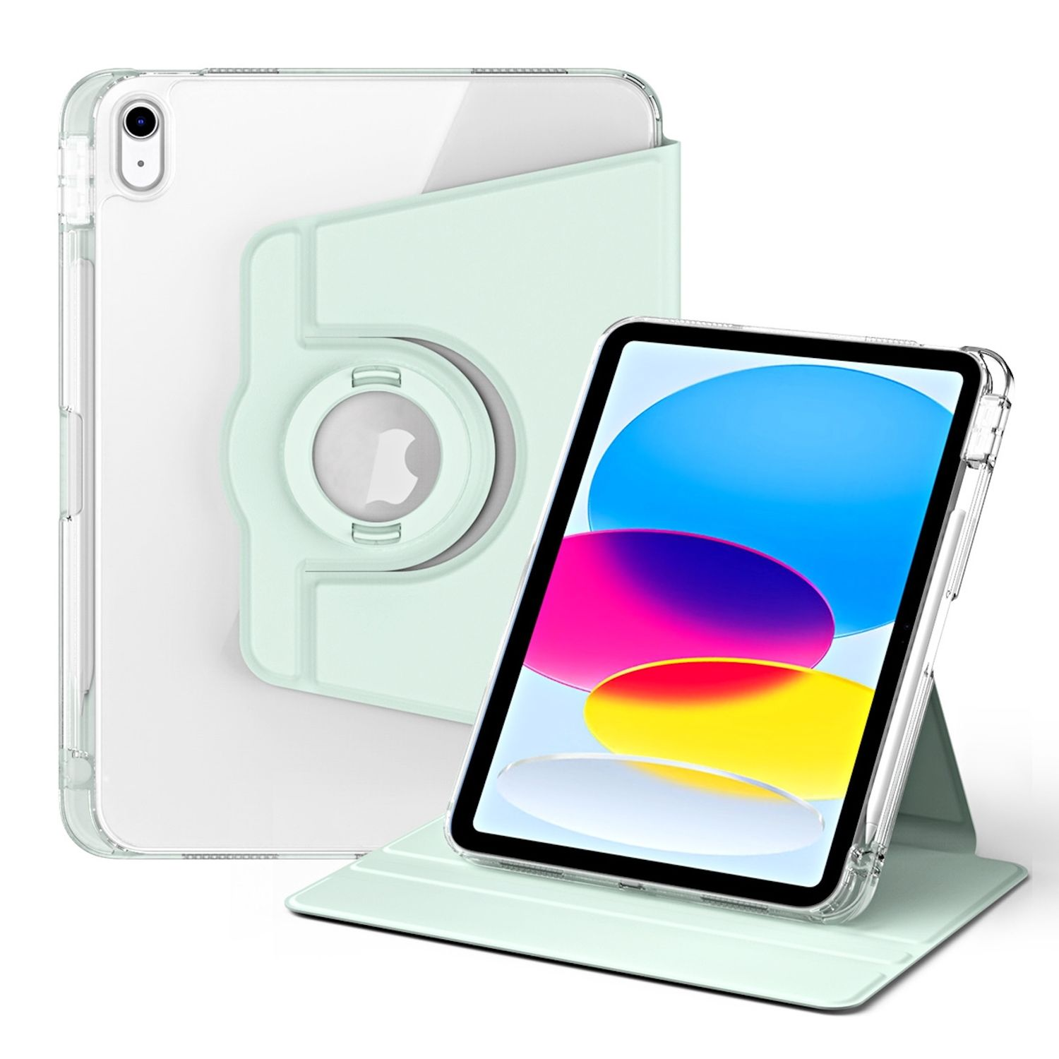 Eine grüne und transparente iPad-Hülle mit drehbarem Ständer und Displayschutz, mit einem iPad darin.