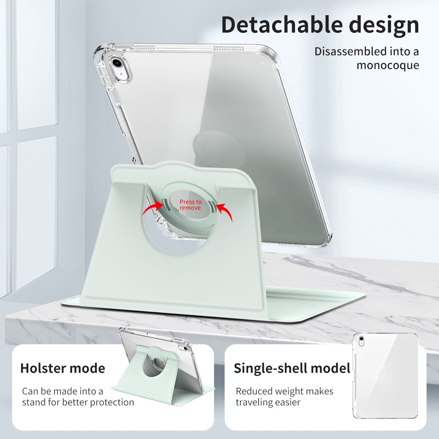 Weiße iPad-Hülle, die sich in einen Ständer verwandelt. Zerlegbar, mit Holster-Modus.