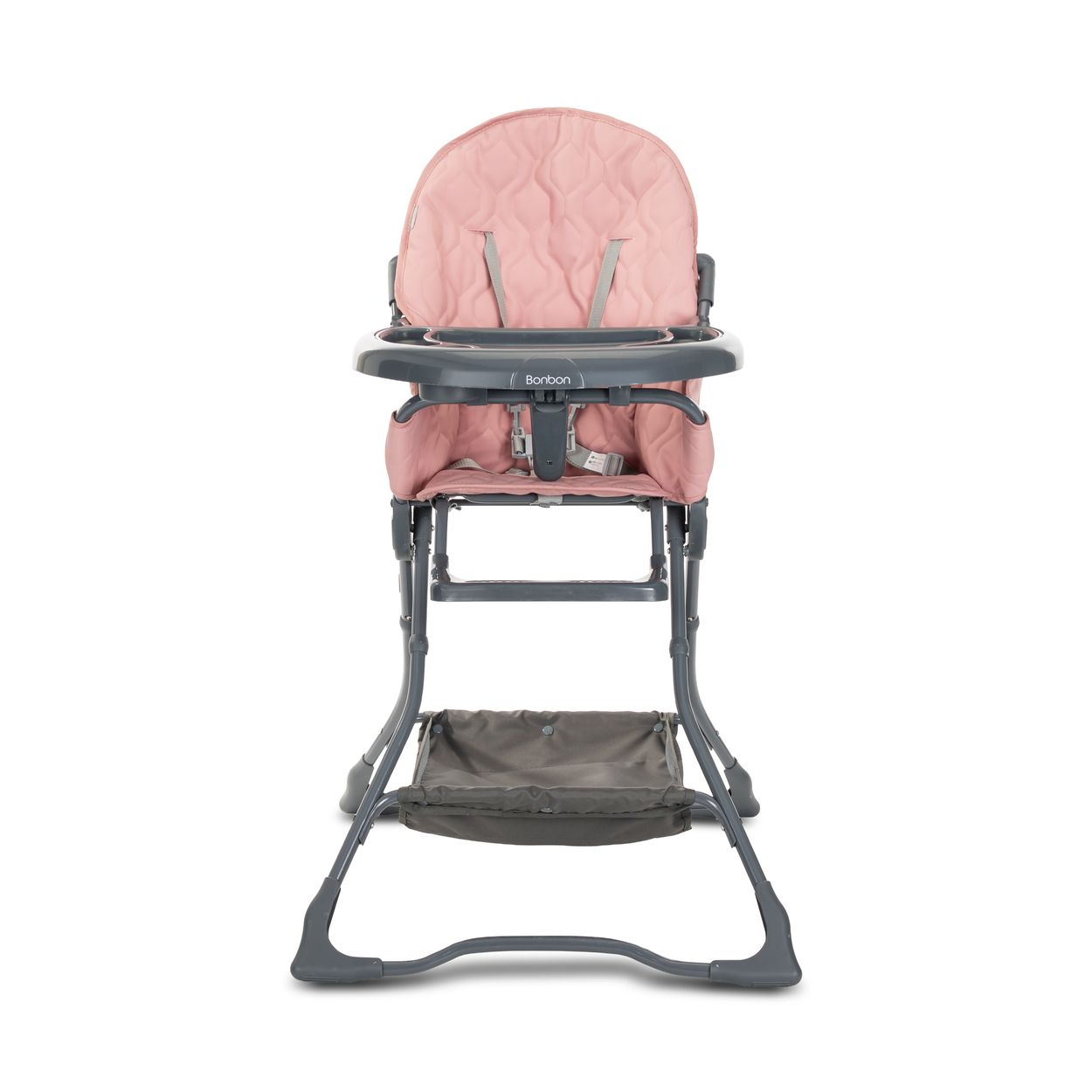 Rosa Babyhochstuhl. Grauer Rahmen, Ablage und Aufbewahrungskorb. Weißer Hintergrund.