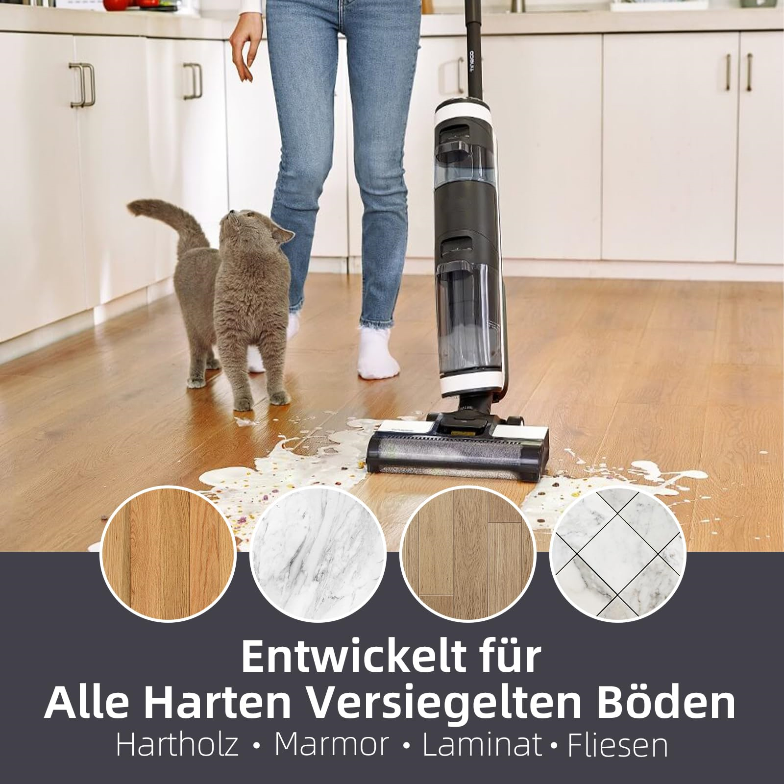 Eine Frau saugt einen Hartholzboden, in der Nähe eine Katze. Text-Overlay wirbt für versiegelte Hartböden wie Holz, Marmor, Laminat, Fliesen.