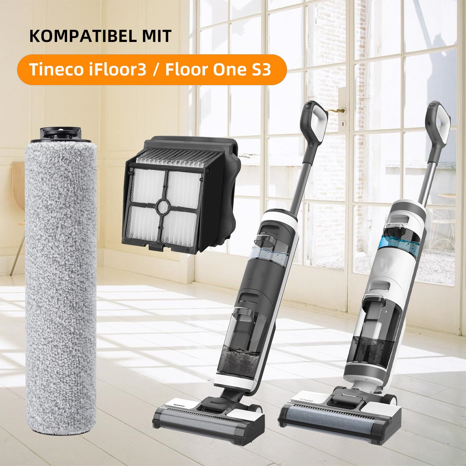 Reinigungsrolle und Filter für Tineco iFloor3 oder Floor One S3, gezeigt mit den Staubsaugern, mit denen sie kompatibel sind.