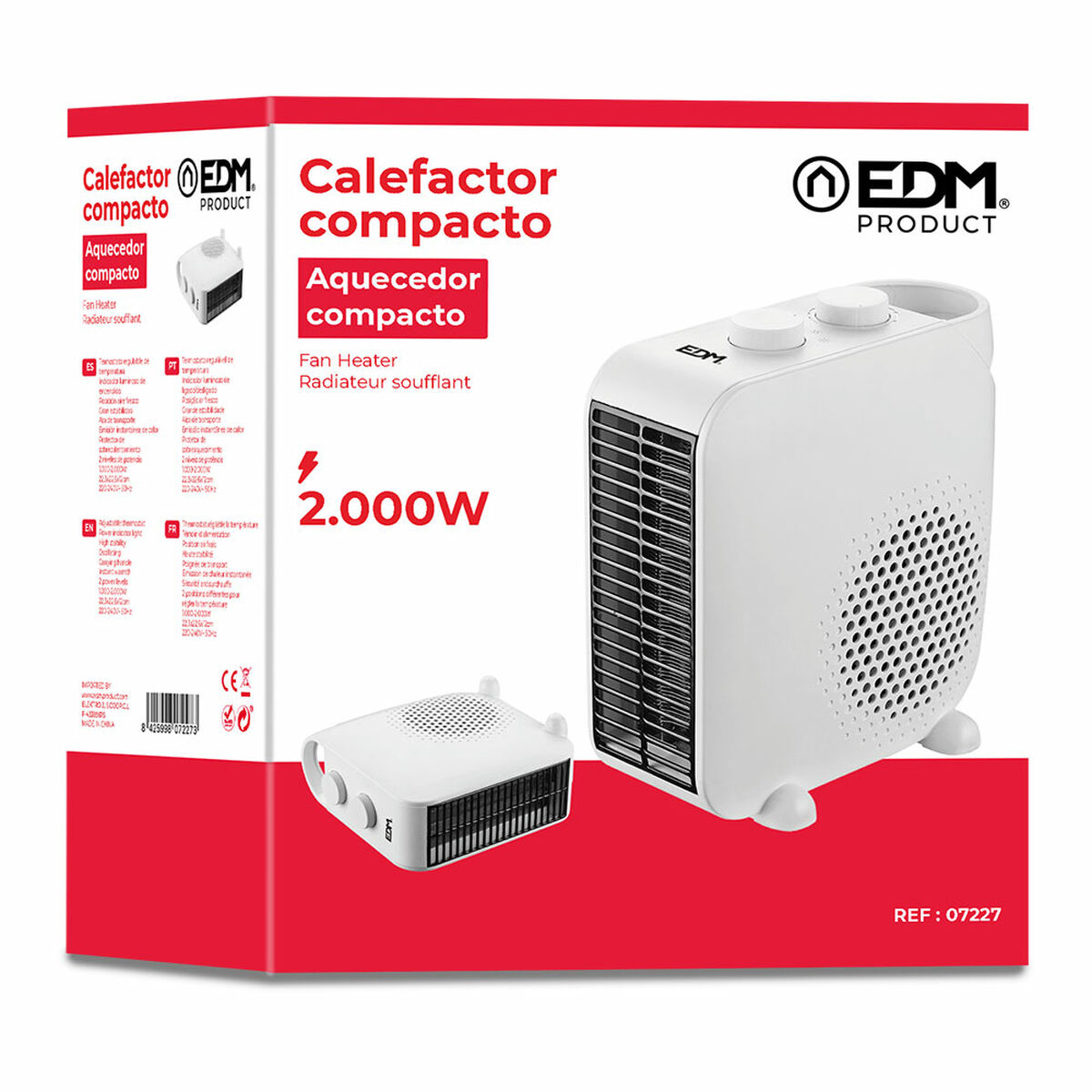 Una caja compacta de calentador de ventilador EDM blanco muestra los detalles del producto y una foto del calentador. La caja es roja y blanca.