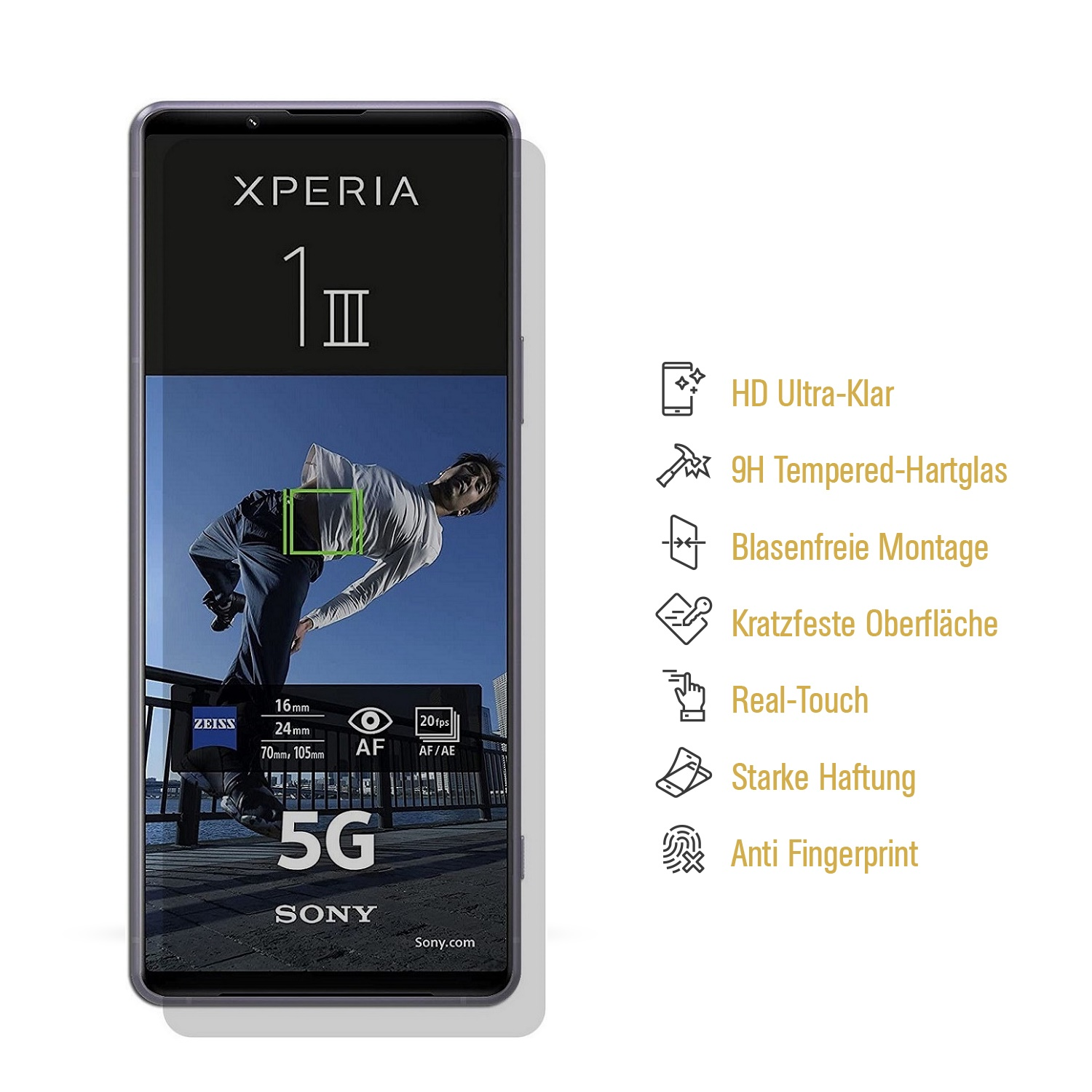 Ein lila Sony Xperia 1 III-Handy wird mit Spezifikationen wie HD-Klarheit, gehärtetem Glas und Anti-Fingerabdruck-Beschichtung angezeigt.