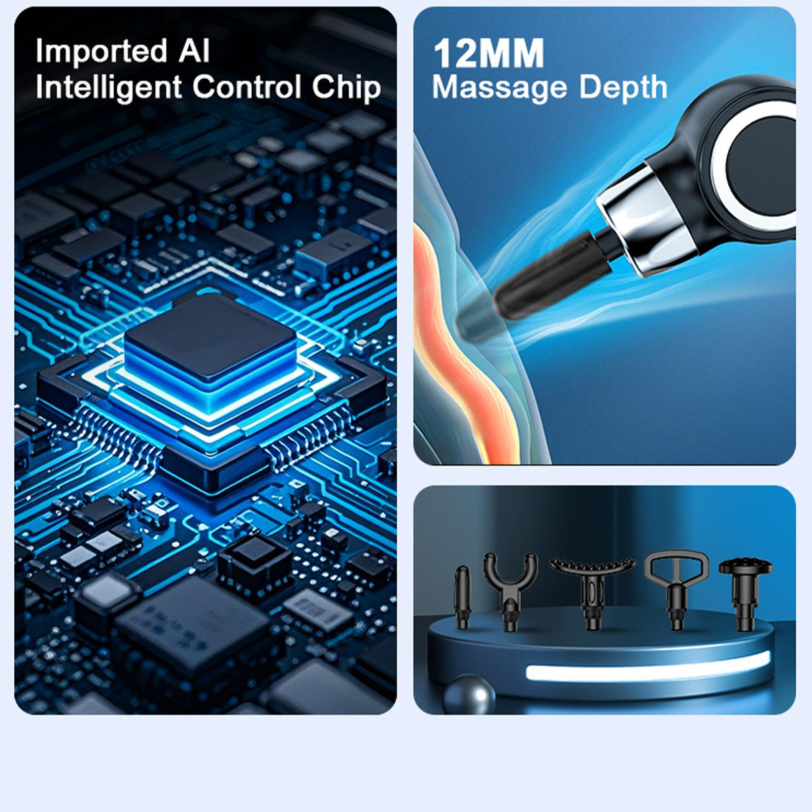 Bild zeigt AI-Chip, Massagepistolenkopf und Massageköpfe-Set. Text: Importierter AI-Chip, 12MM Massagetiefe.