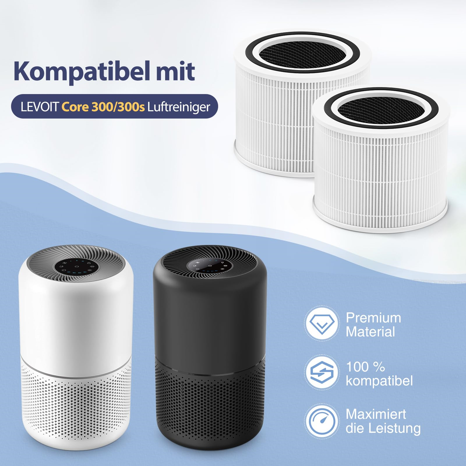 Zwei Luftreiniger und Filter. Text: Kompatibel mit LEVOIT Core 300/300s. Premium Material, 100% kompatibel.