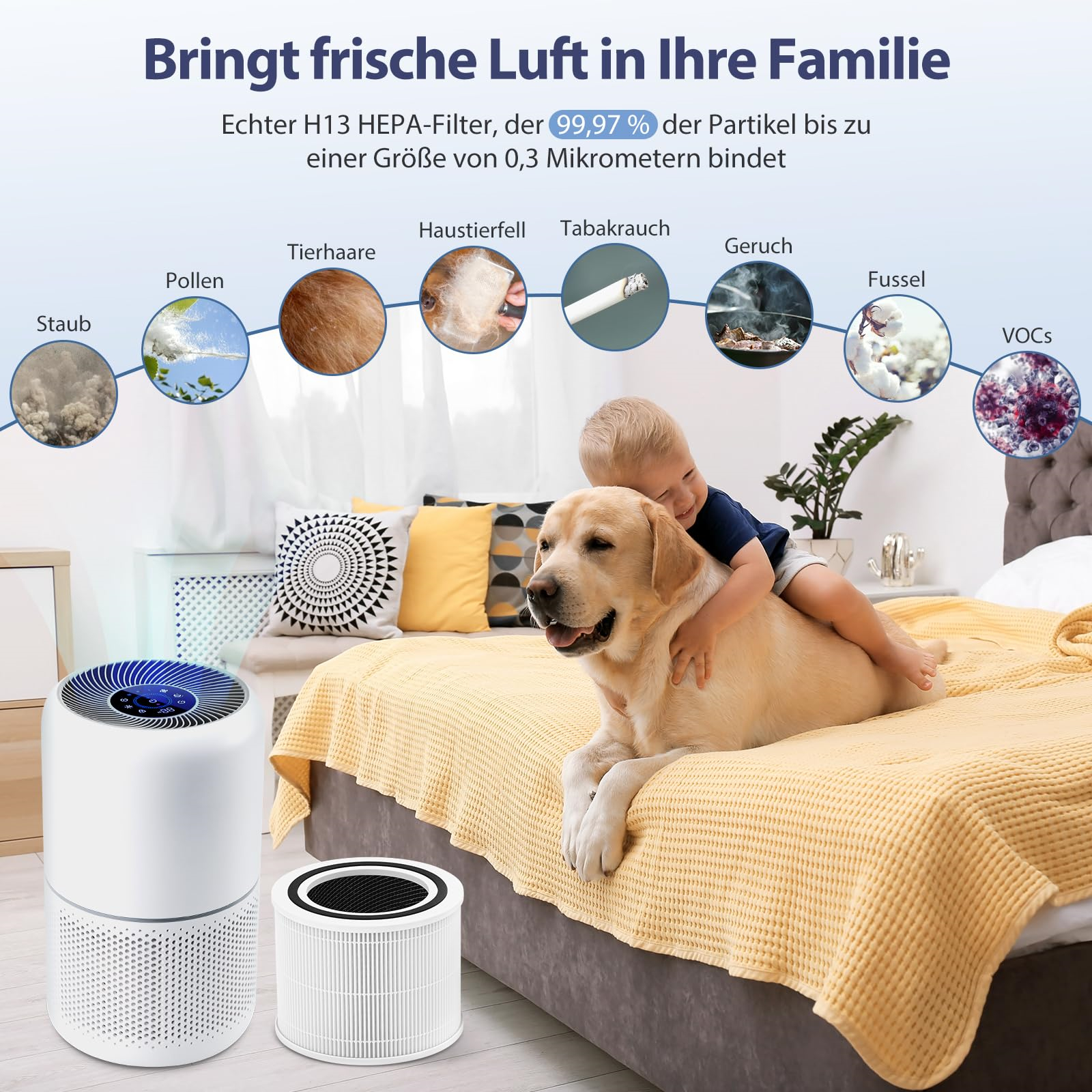 Luftreiniger mit Kind umarmt Hund auf Bett. Verschiedene Partikel sind um das Gerät herum abgebildet.