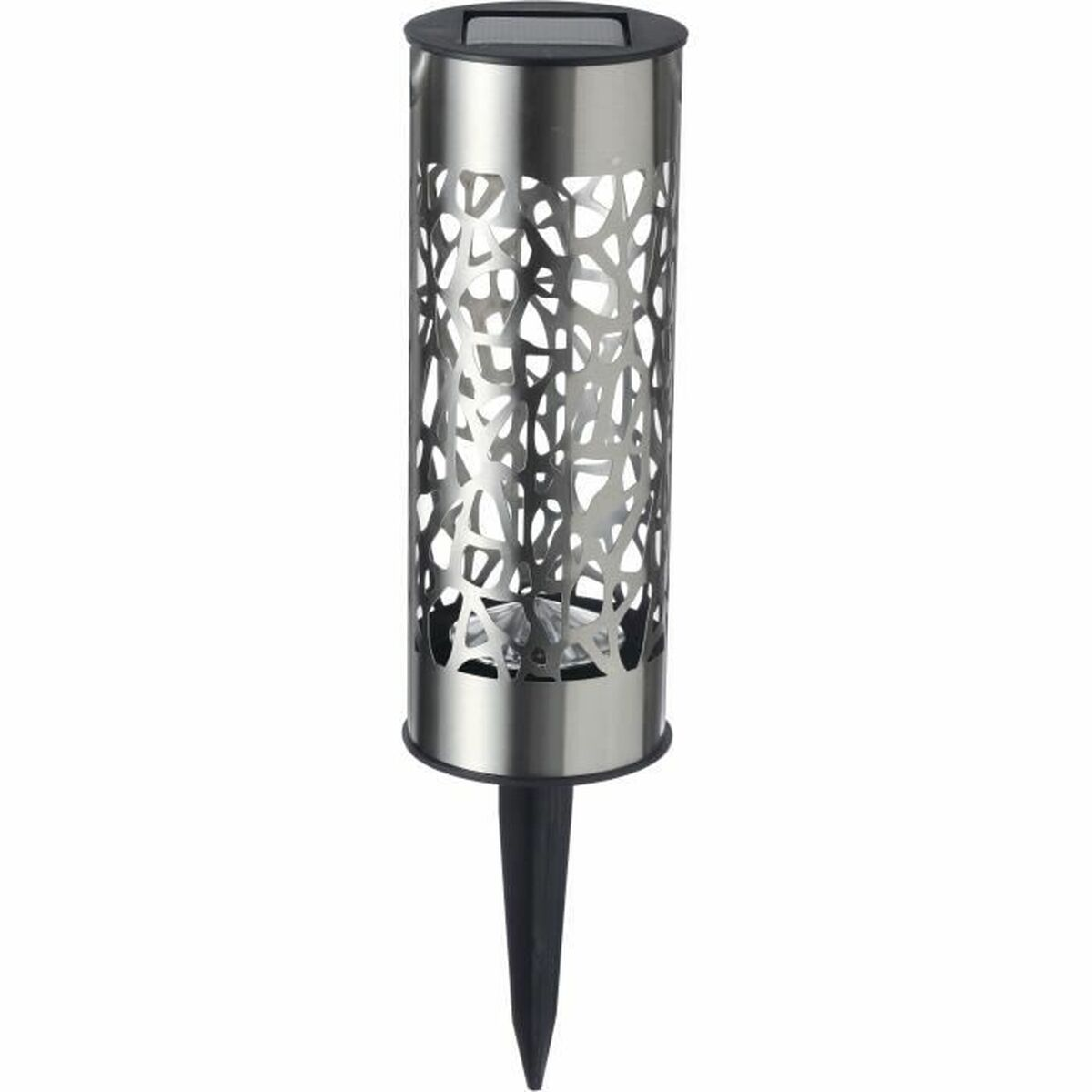 Solar-Gartenleuchte. Zylindrischer Metallkörper mit Aussparungsdesign, schwarzer Spießfuß.