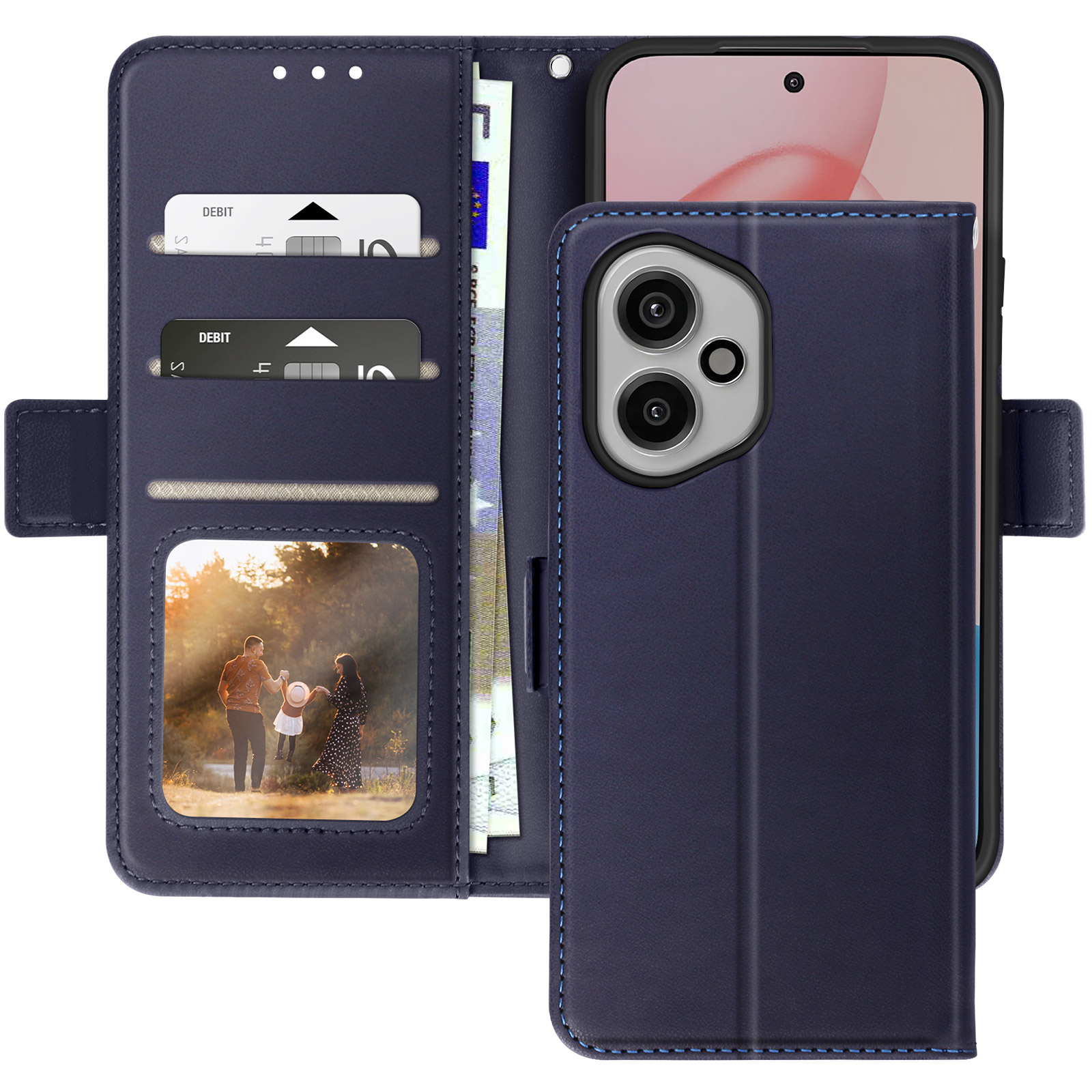 Un portafoglio per custodia del telefono blu navy aperto per rivelare fessure per carte, contanti e una foto di famiglia. Il telefono è dentro.