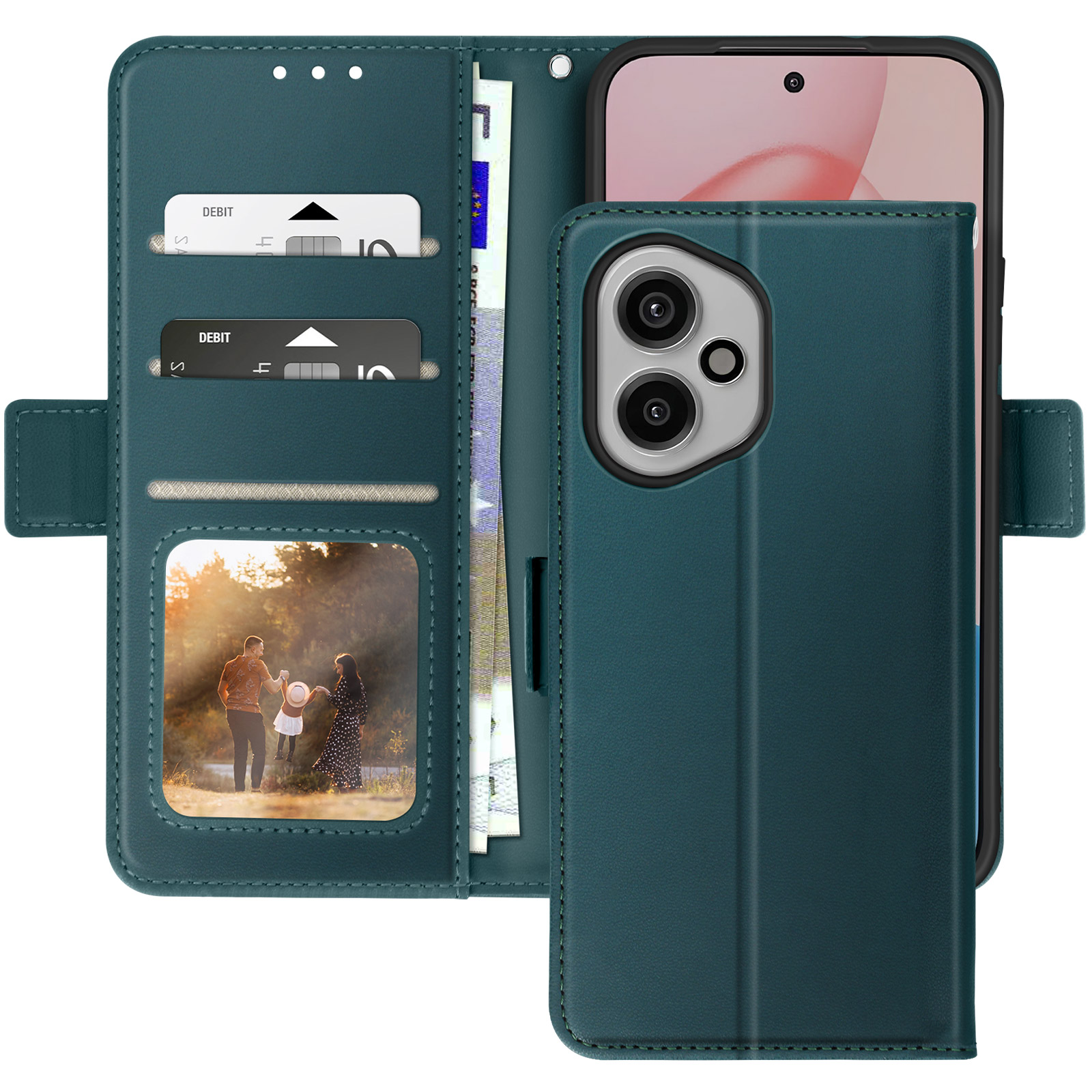 Custodia per telefono verde acqua con foto di famiglia e fessure per carte e contanti.