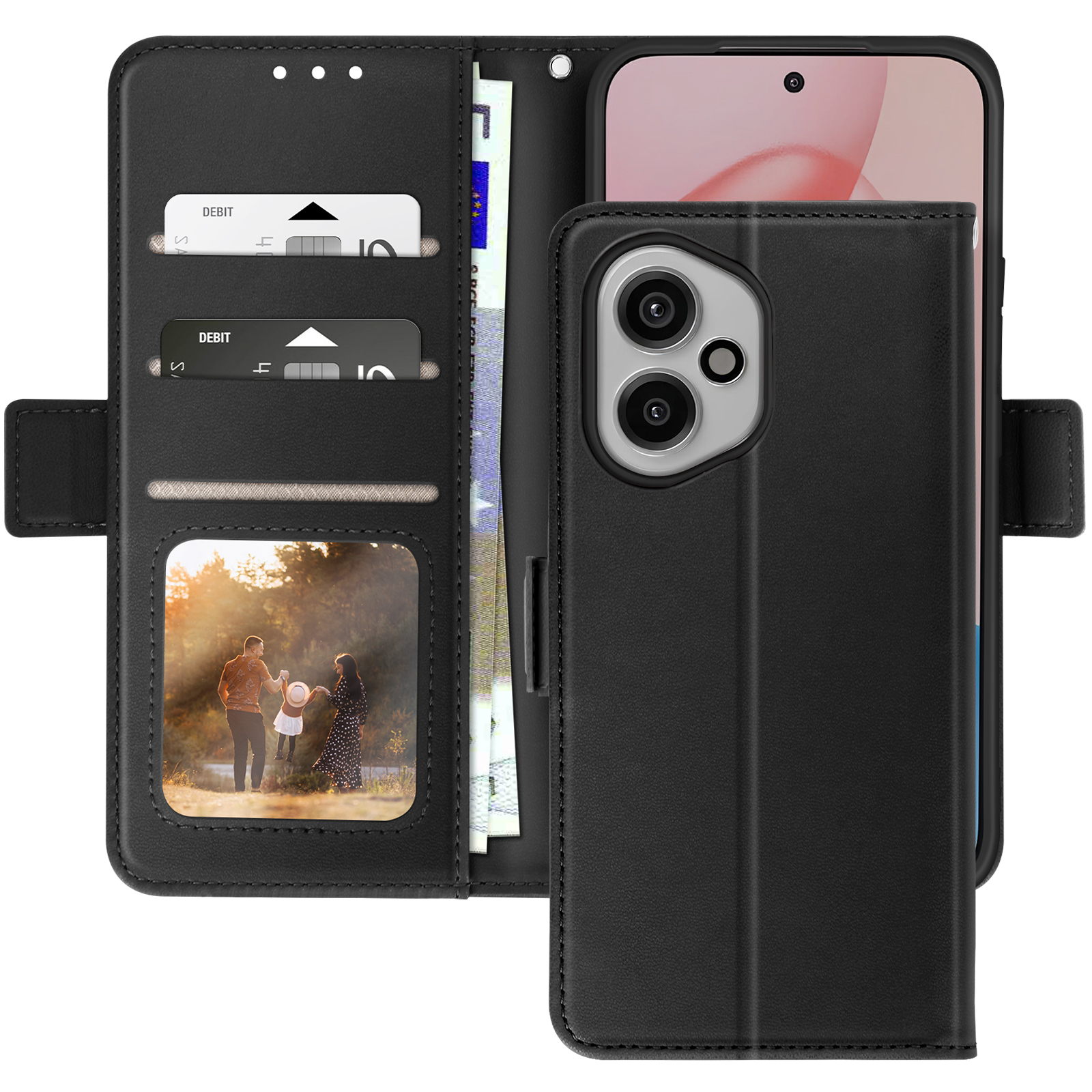 Un portafoglio per custodia del telefono nero aperto per rivelare fessure per carte, contanti e una foto di famiglia. Il telefono è dentro.
