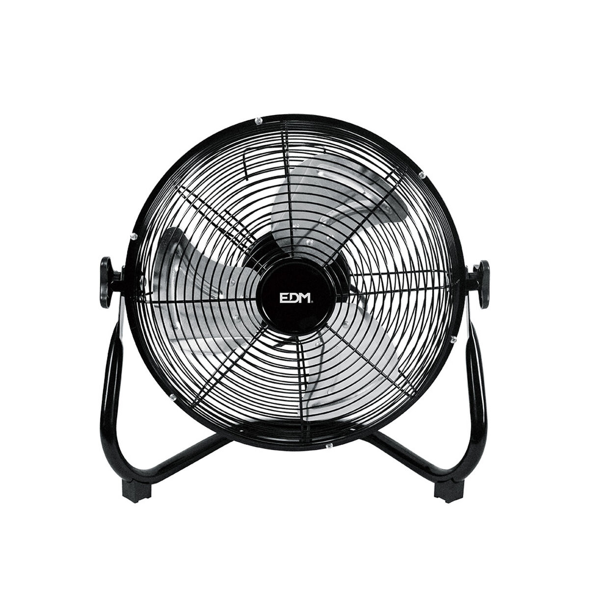 Ventilatore nero con gabbia metallica, su un supporto. Sfondo bianco.