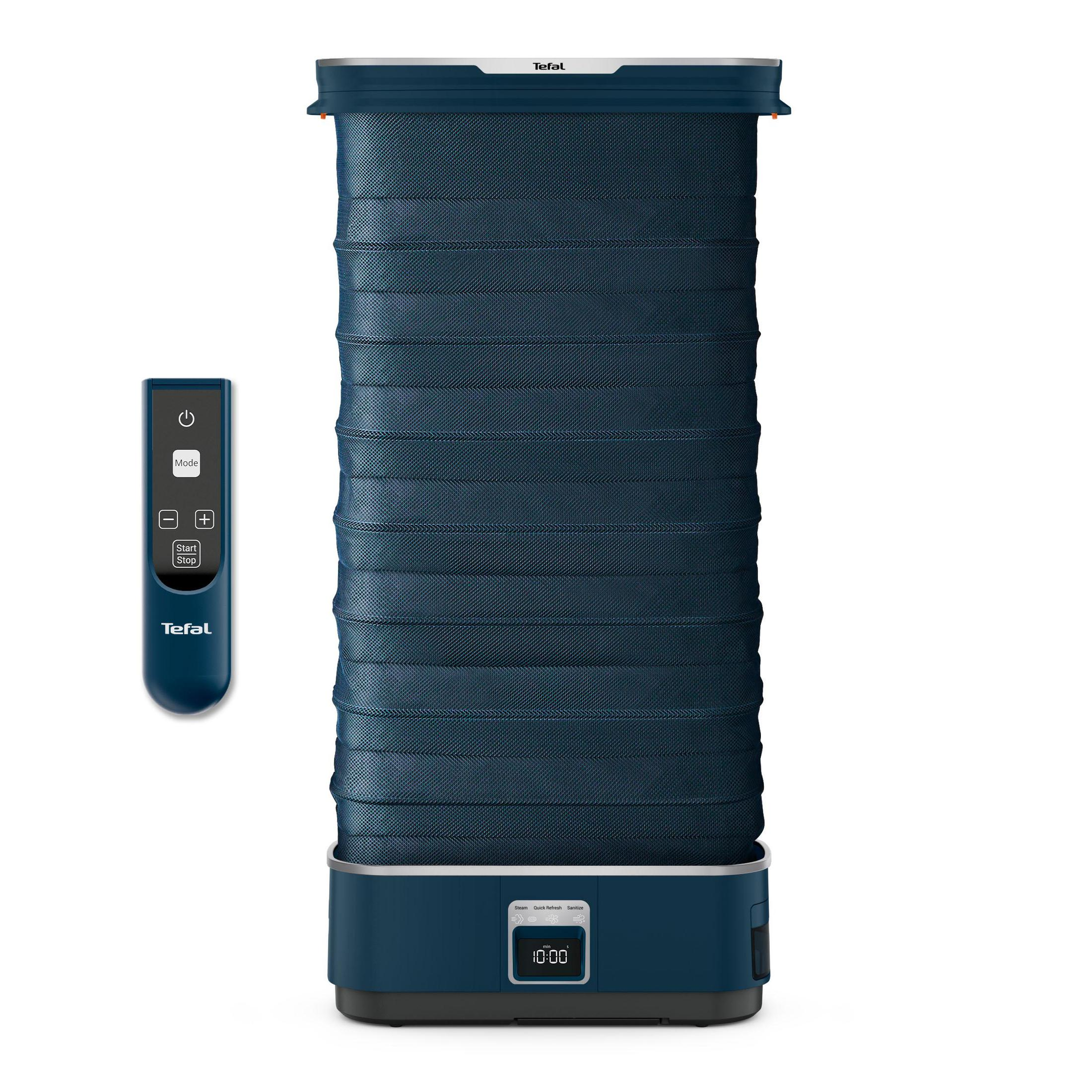 Blau-schwarzer Kleidungsdampfer mit Fernbedienung.