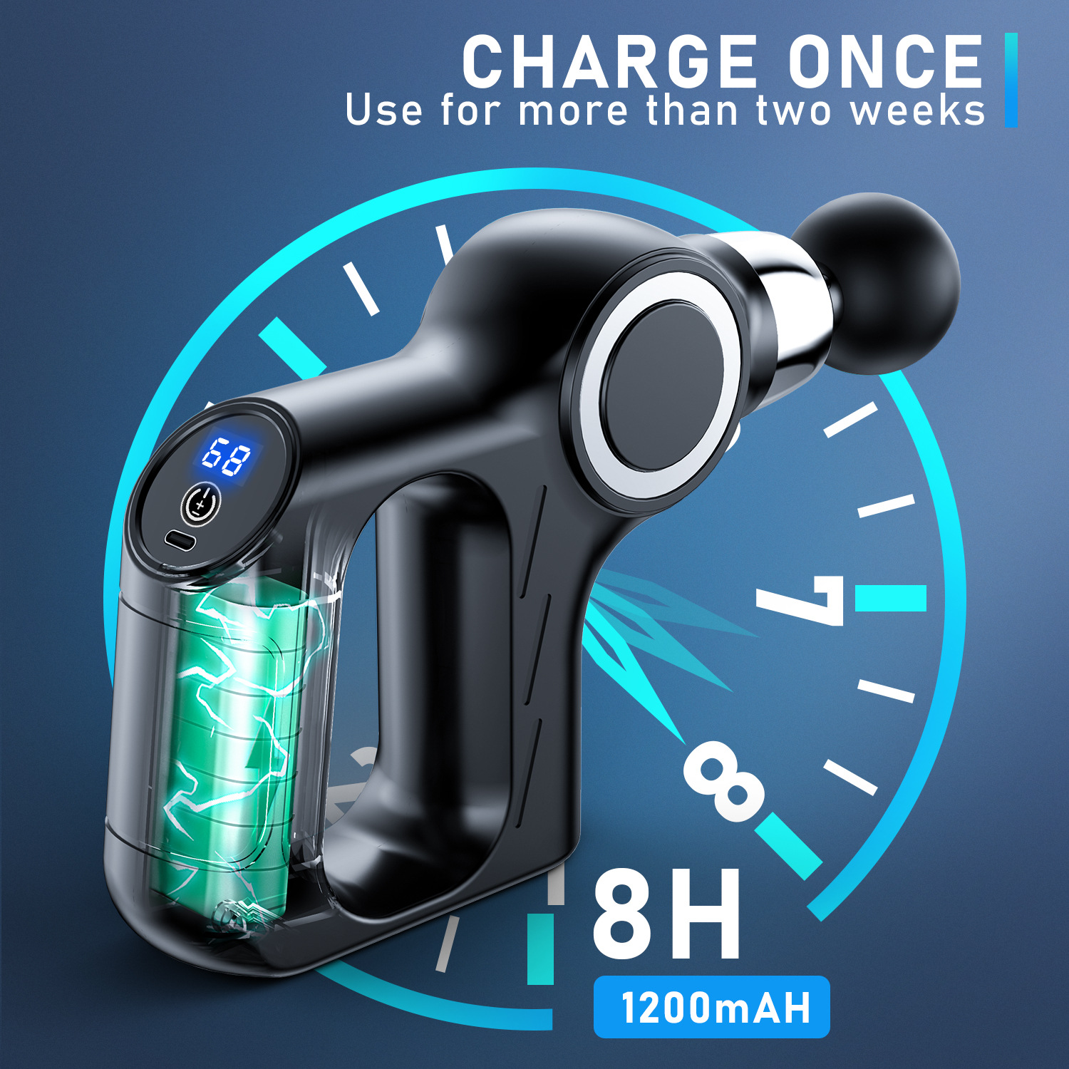 Eine schwarze Massagepistole mit Batterieanzeige, Timer und 1200mAh Akku.