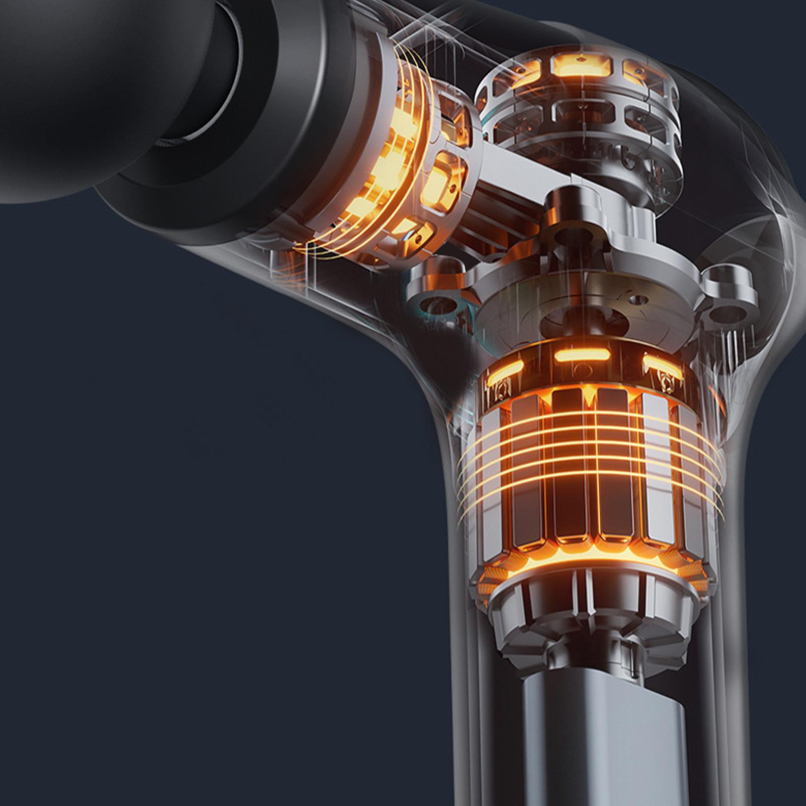 Interner Mechanismus einer Massagepistole mit leuchtend orangen Lichtern.