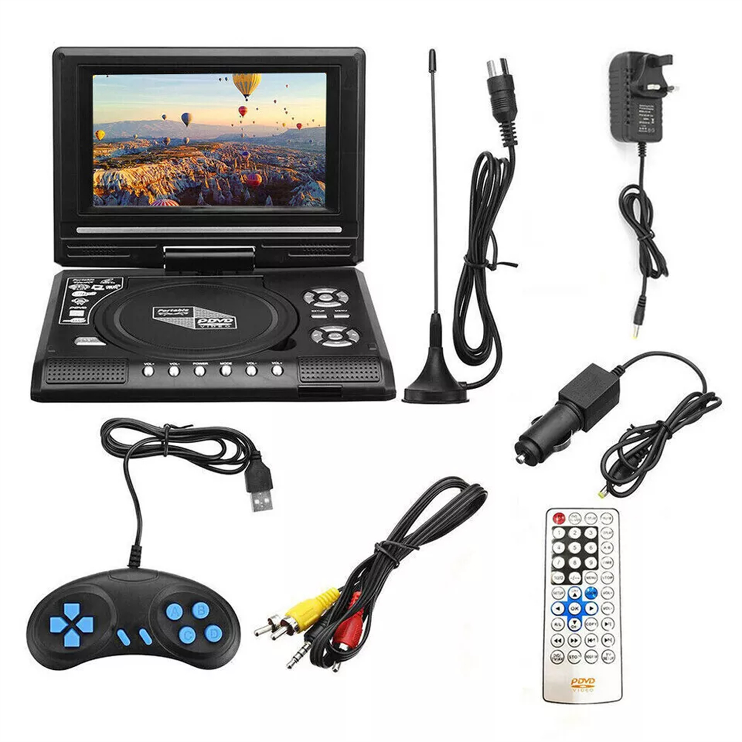 Tragbarer DVD-Player mit verschiedenen Zubehörteilen, einschließlich Fernbedienung.