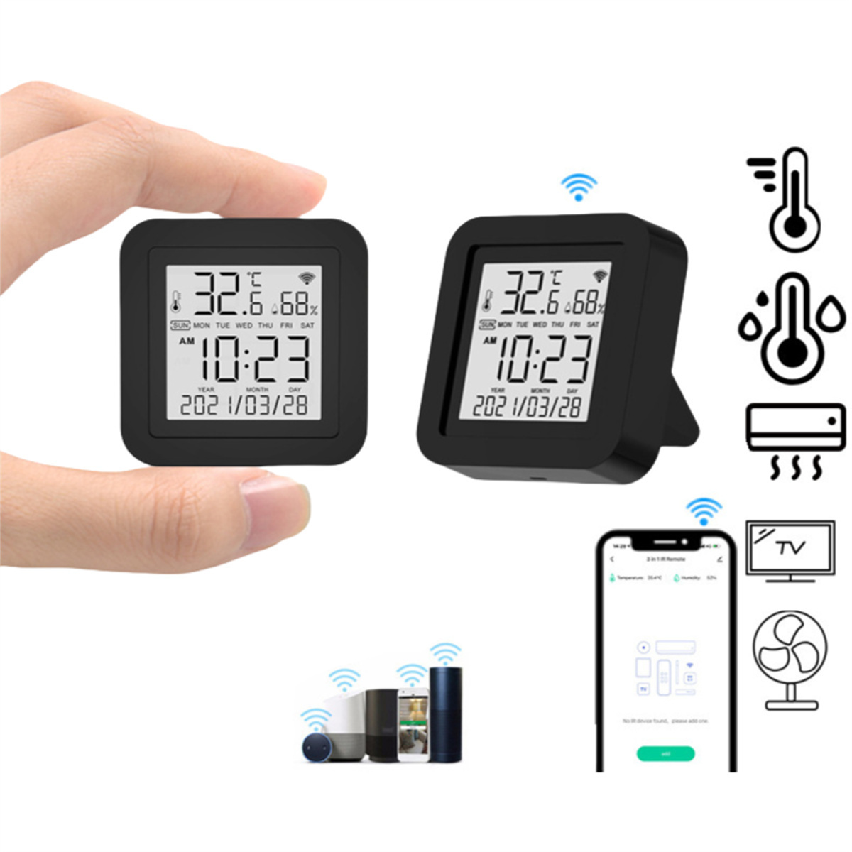 Zwei kleine schwarze digitale Thermometer. Symbole für Temperatur, Luftfeuchtigkeit und Signale.