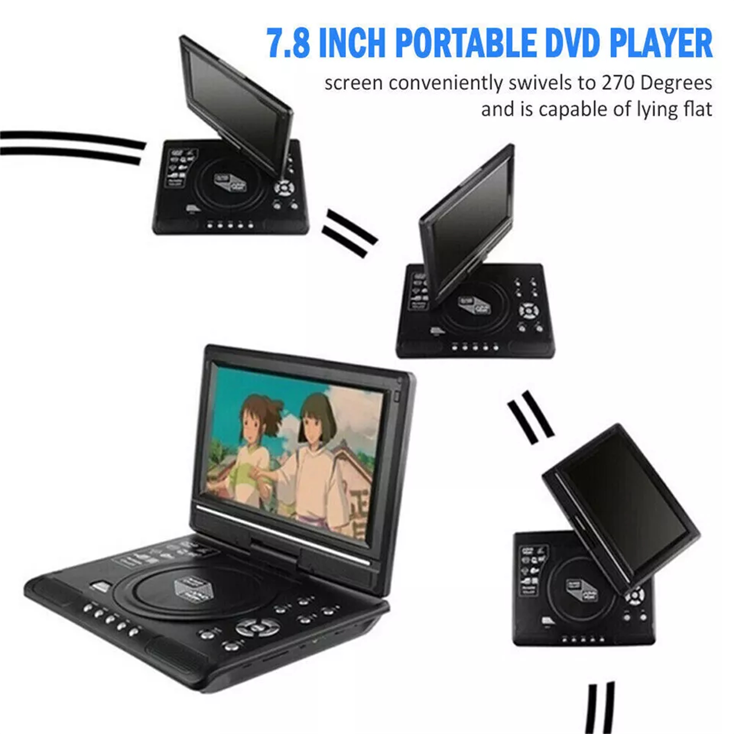 Tragbarer DVD-Player, der verschiedene Winkel und Drehen des Bildschirms zeigt.