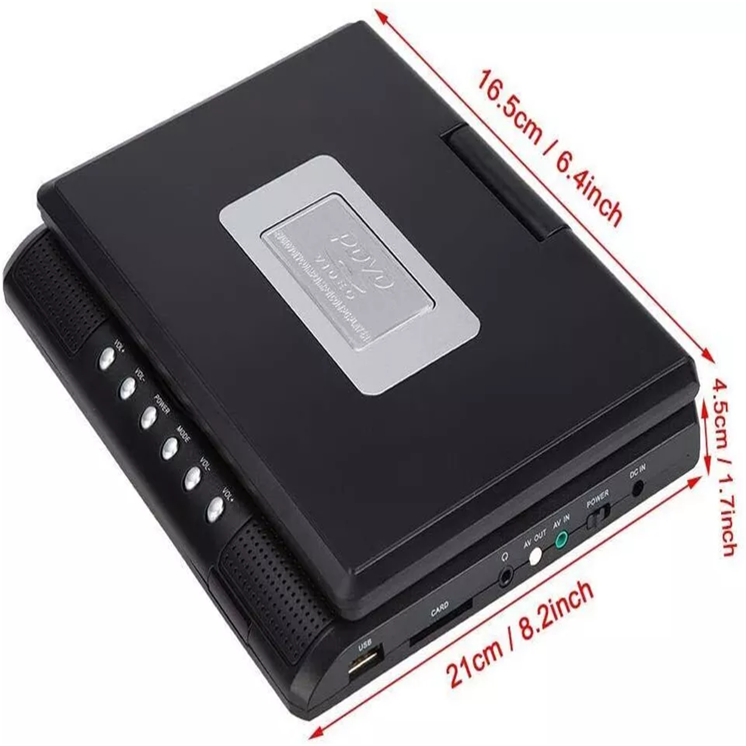 Schwarzer, tragbarer DVD-Player. Abmessungen sind mit Etiketten angegeben.