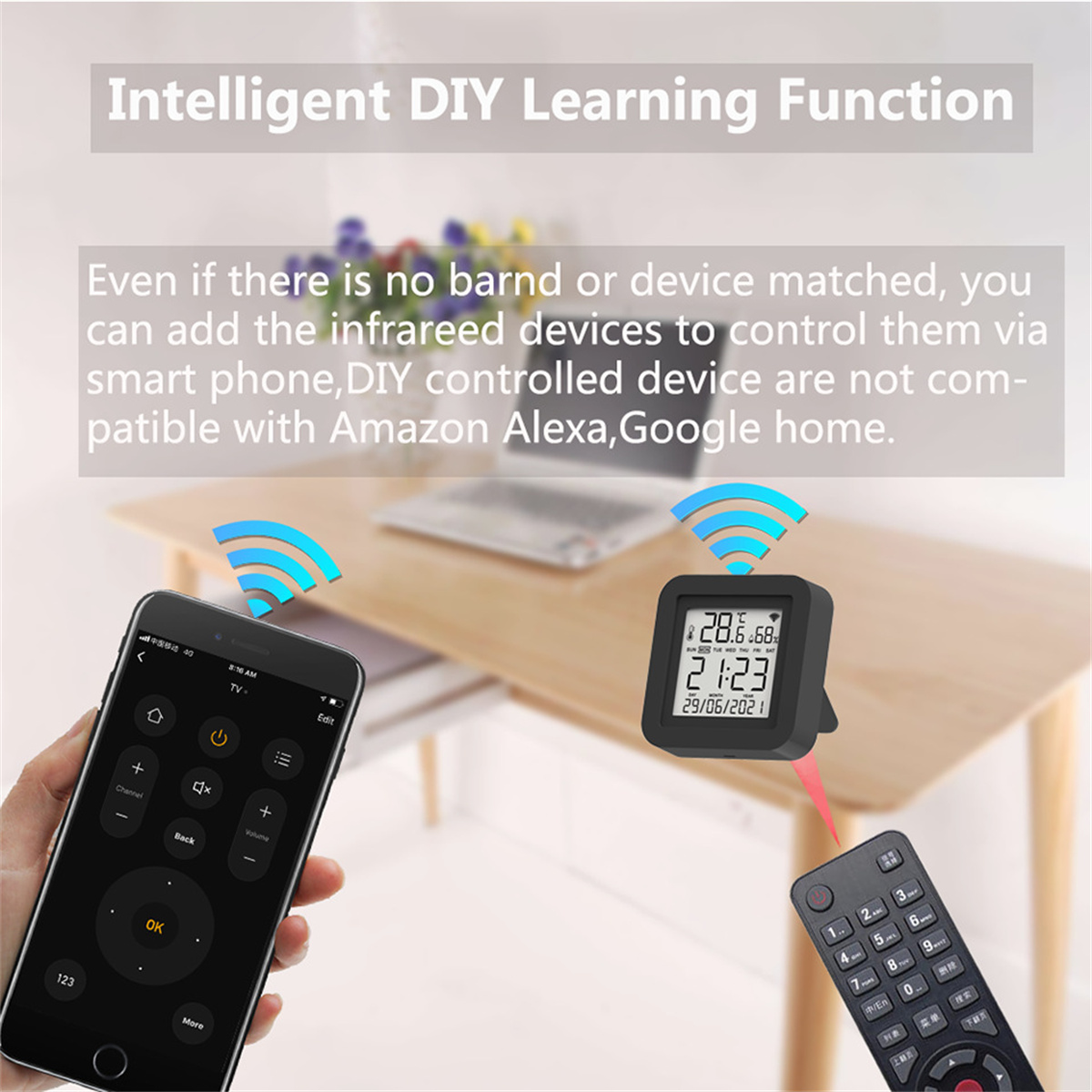 Eine Hand, die ein Telefon hält, das eine Smart-Home-App anzeigt. Ein anderes Gerät zeigt Zeit und Temperatur an.