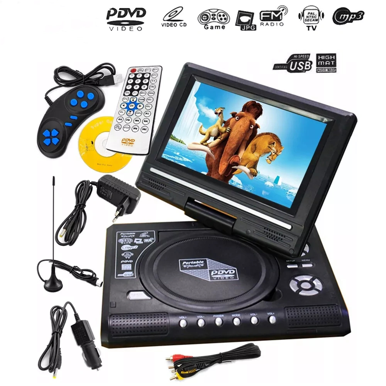 DVD-Player mit Zubehör: Controller, Fernbedienung, Disc, Antenne, Ladegerät und USB-Kabel. Der Bildschirm zeigt einen Cartoon.