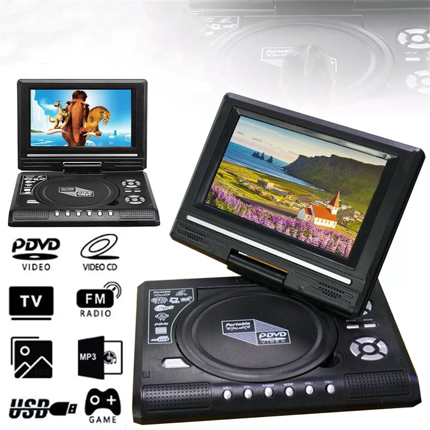 Tragbarer DVD-Player mit Bildschirm, der einen Cartoon zeigt. Symbole zeigen Video, TV und andere Funktionen an.