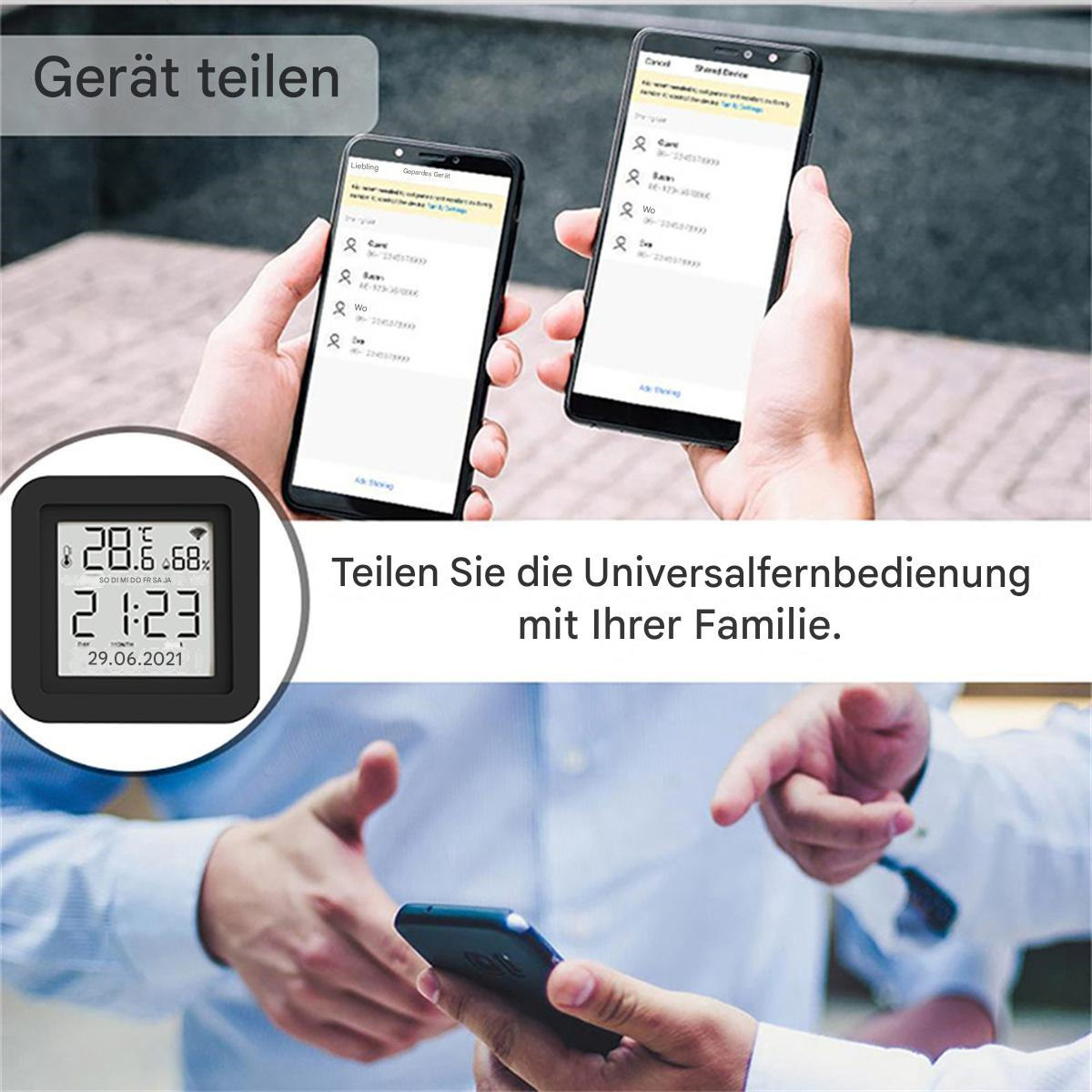 Zwei Telefone, die denselben Bildschirm anzeigen. Ein kleines Gerät zeigt Zeit und Datum an.