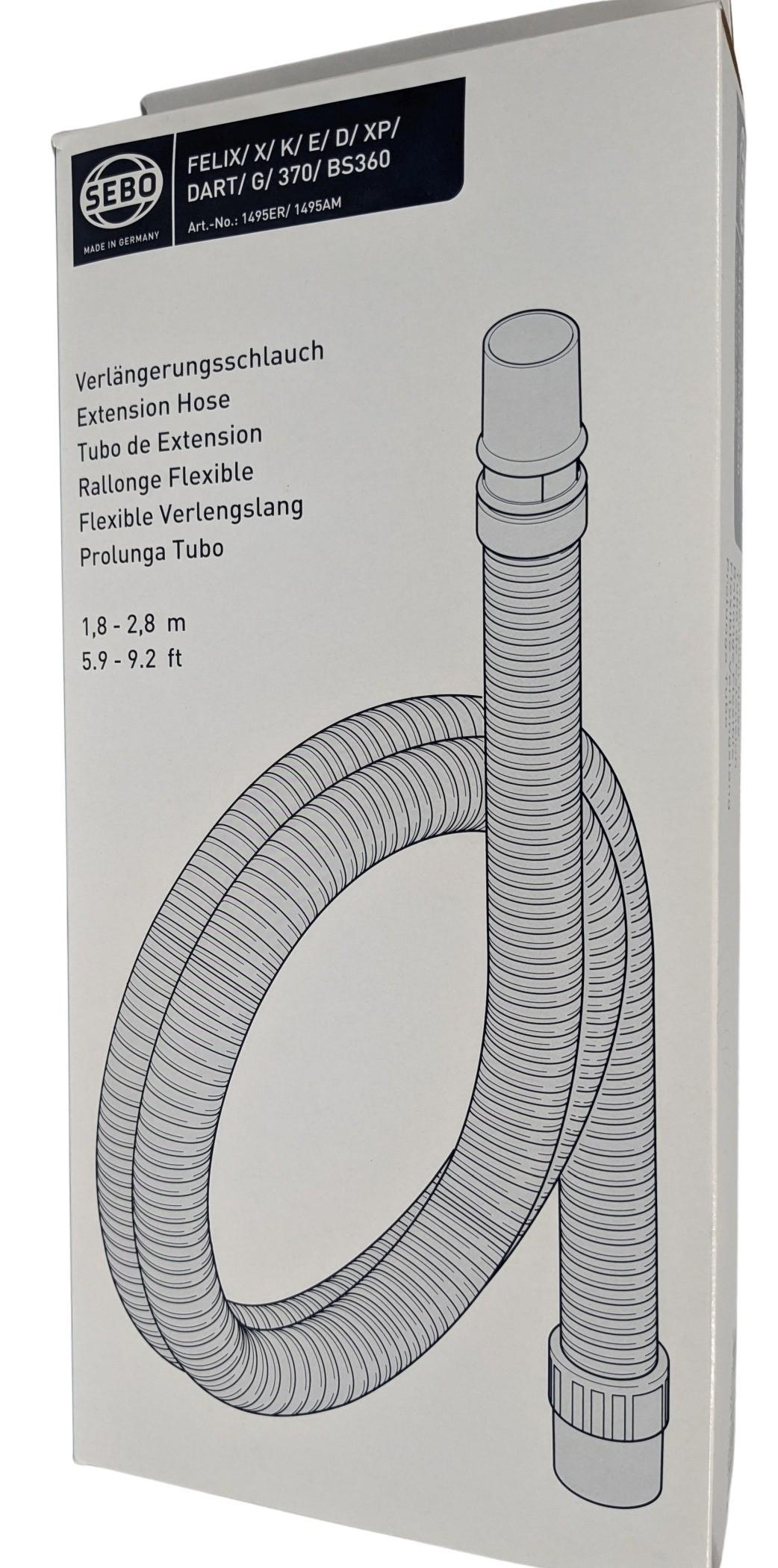 Weiße Box mit einem flexiblen Schlauch, der aufgerollt ist. Text und Etiketten sind auf die Box gedruckt.