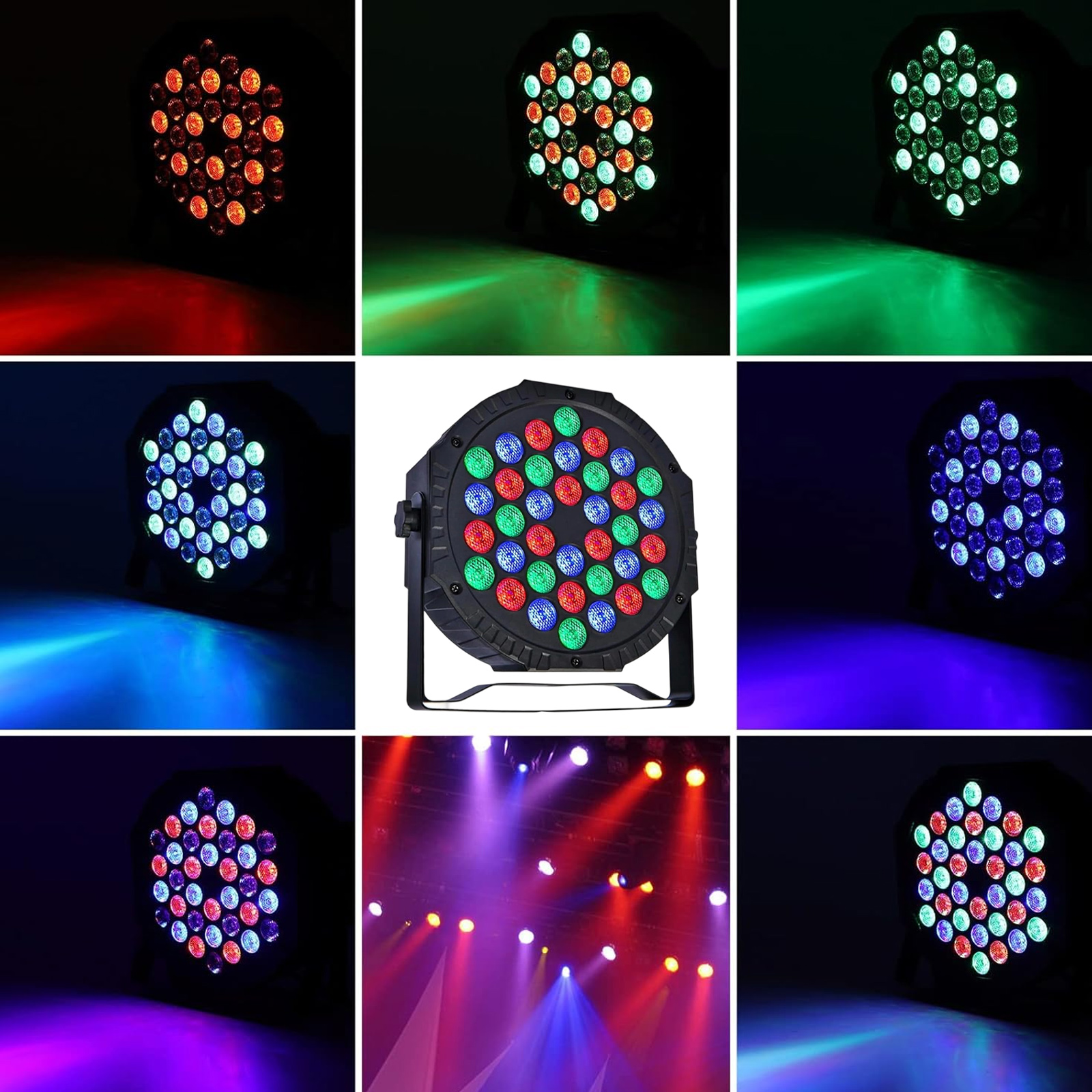 Mehrere Ansichten von LED-Bühnenlichtern in verschiedenen Farben.