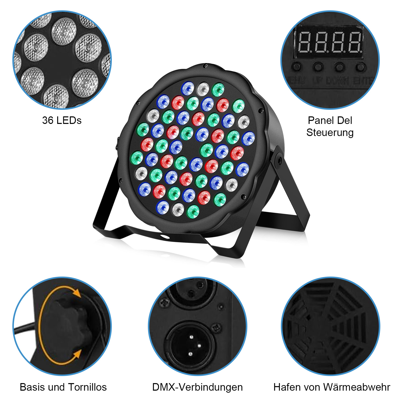 Detaillierte Ansicht eines LED-Bühnenlichts mit Etiketten.