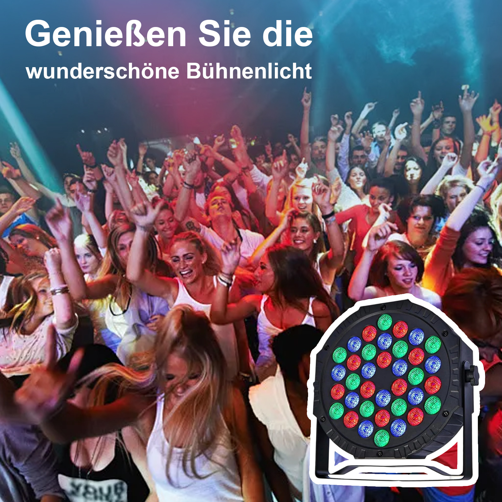 Menschenmenge auf einem Konzert mit Bühnenlicht. Text: 'Genießen Sie das wunderbare Bühnenlicht'.