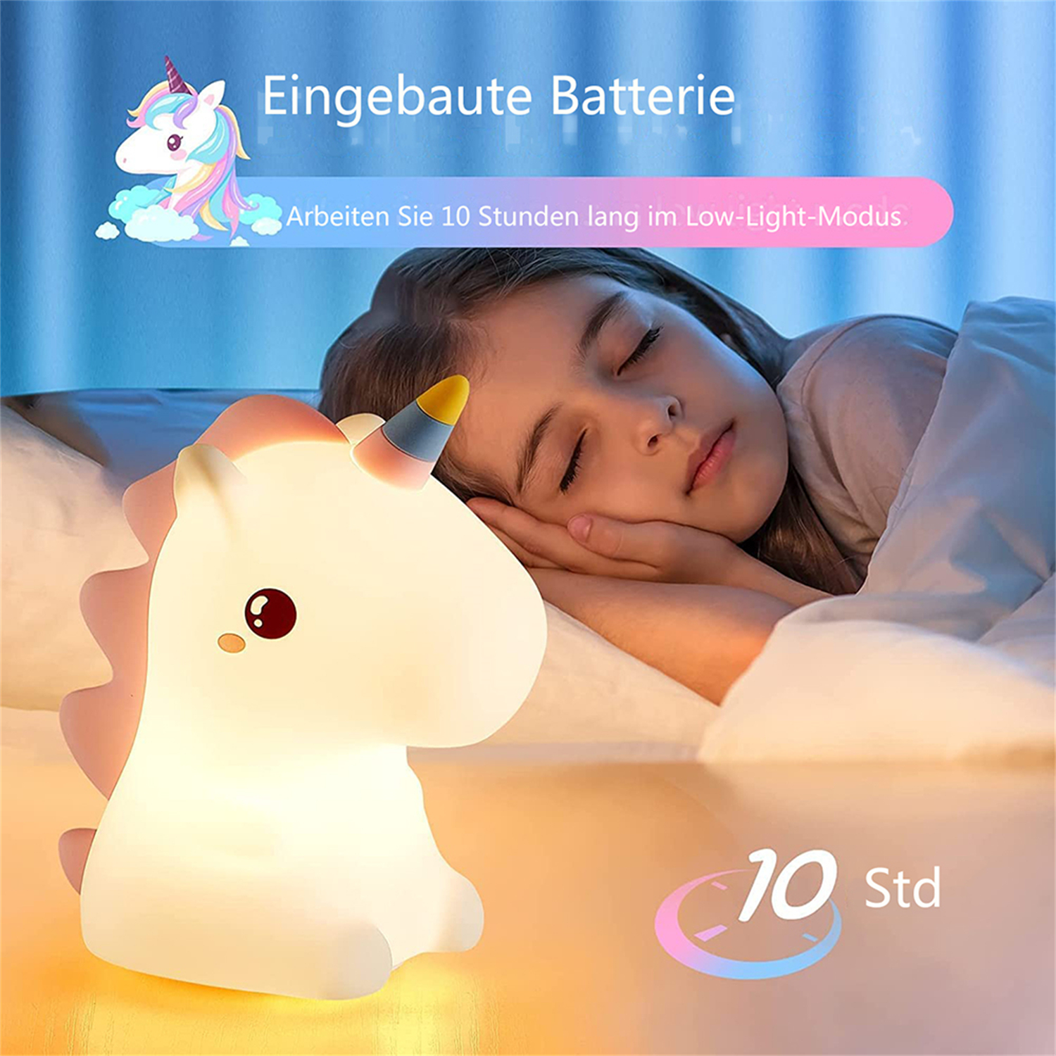 Kind schläft mit einem Einhorn-Nachtlicht an.