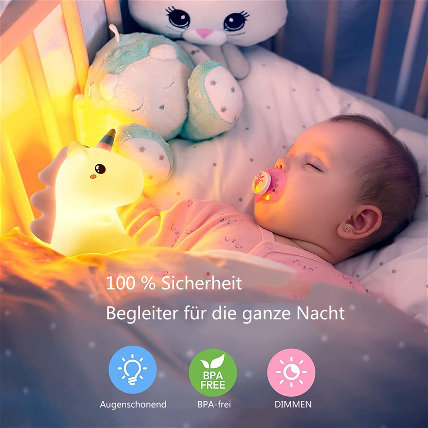 Baby schläft in einem Kinderbett mit einer Einhorn-Lampe. Text: '100 % Sicherheit'.