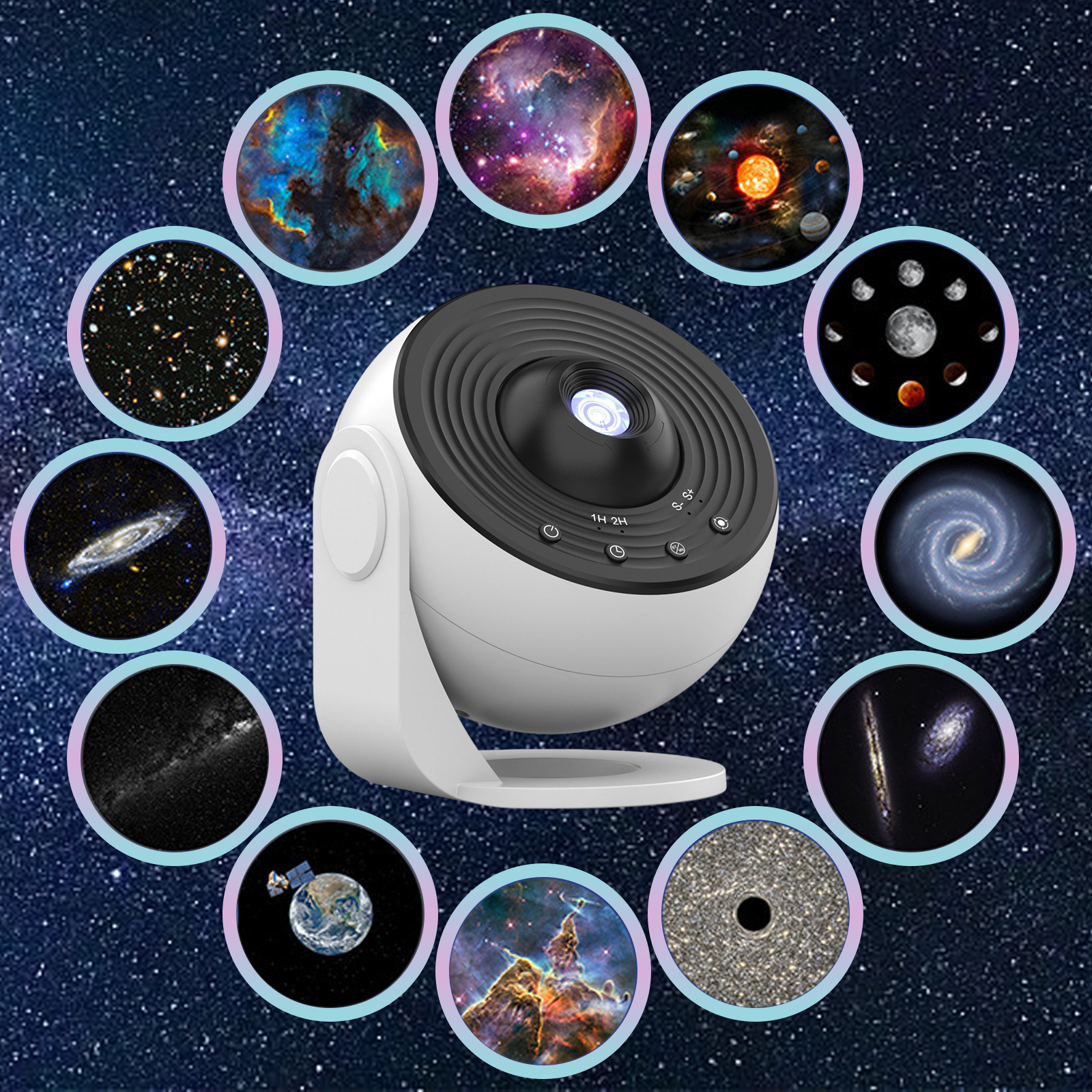 Ein Sternprojektor, umgeben von verschiedenen Galaxiebildern. Die Bilder werden in kreisförmigen Rahmen angezeigt.