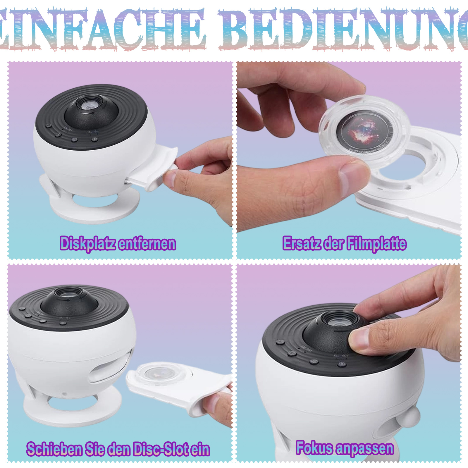 Diagramm mit Schritten zur Verwendung eines Projektors: Entfernen des Disc-Slots, Ersetzen der Filmplatte.