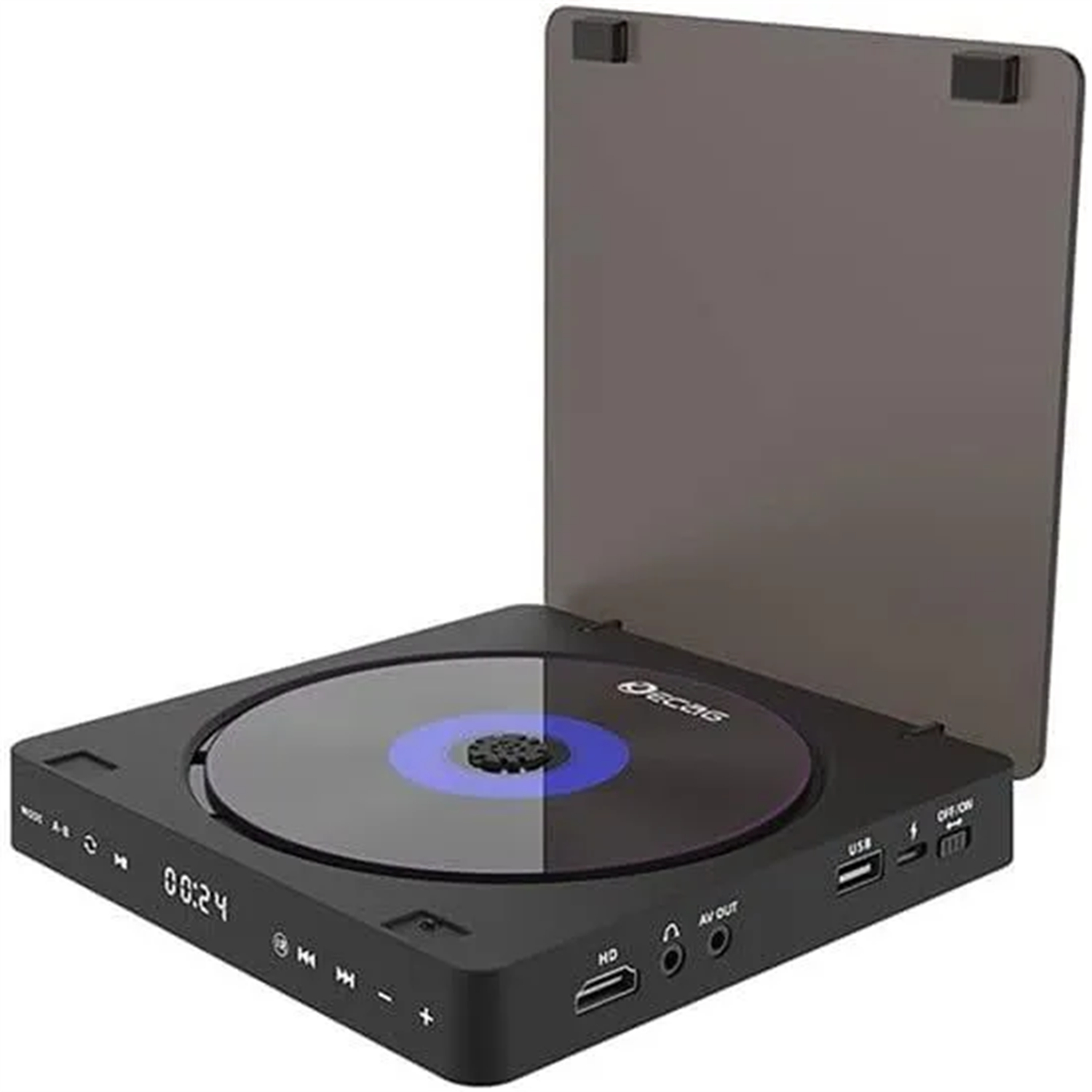 Ein schwarzer DVD-Player mit offenem Deckel, der eine Disc zeigt. Der Ein-/Ausschalter und das Display sind sichtbar.