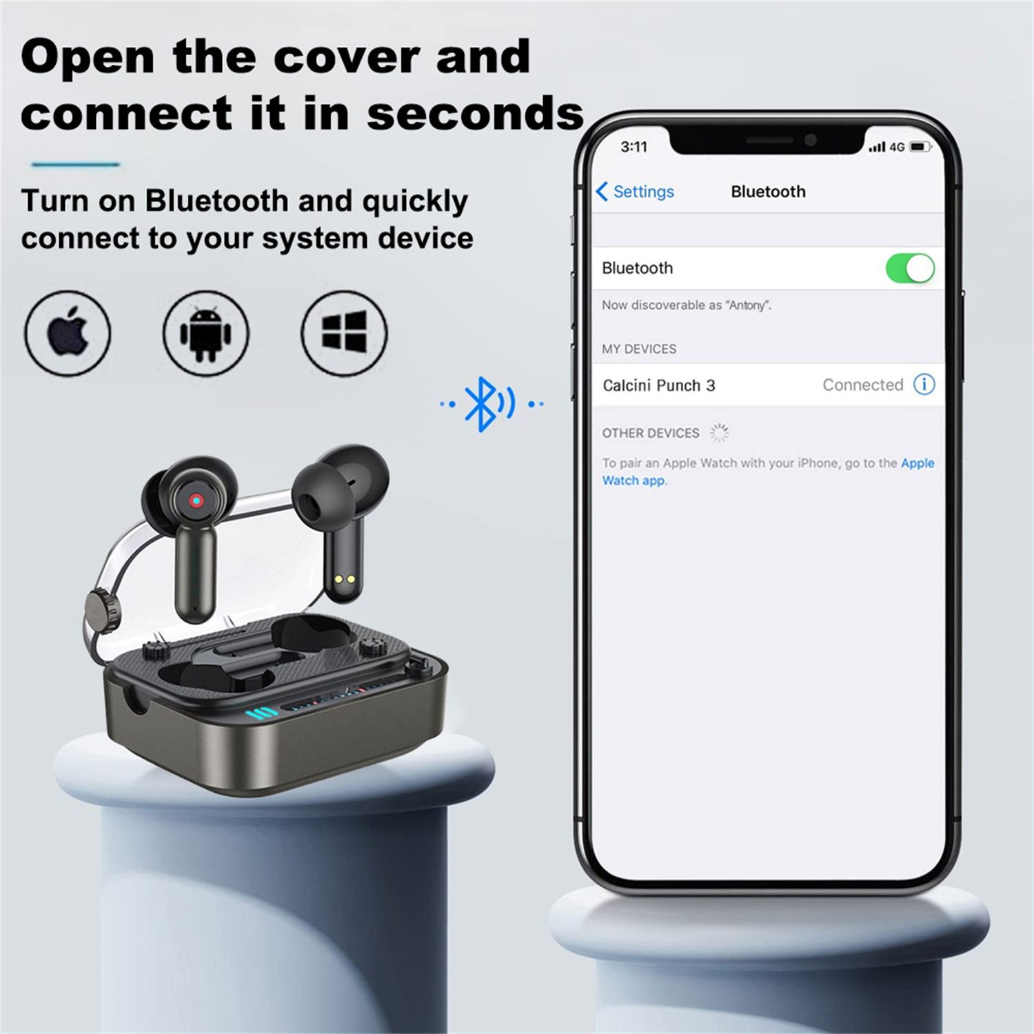 Ohrhörer in einem Ladeetui verbinden sich per Bluetooth mit einem Telefon. Das Telefon zeigt den Verbindungsstatus.