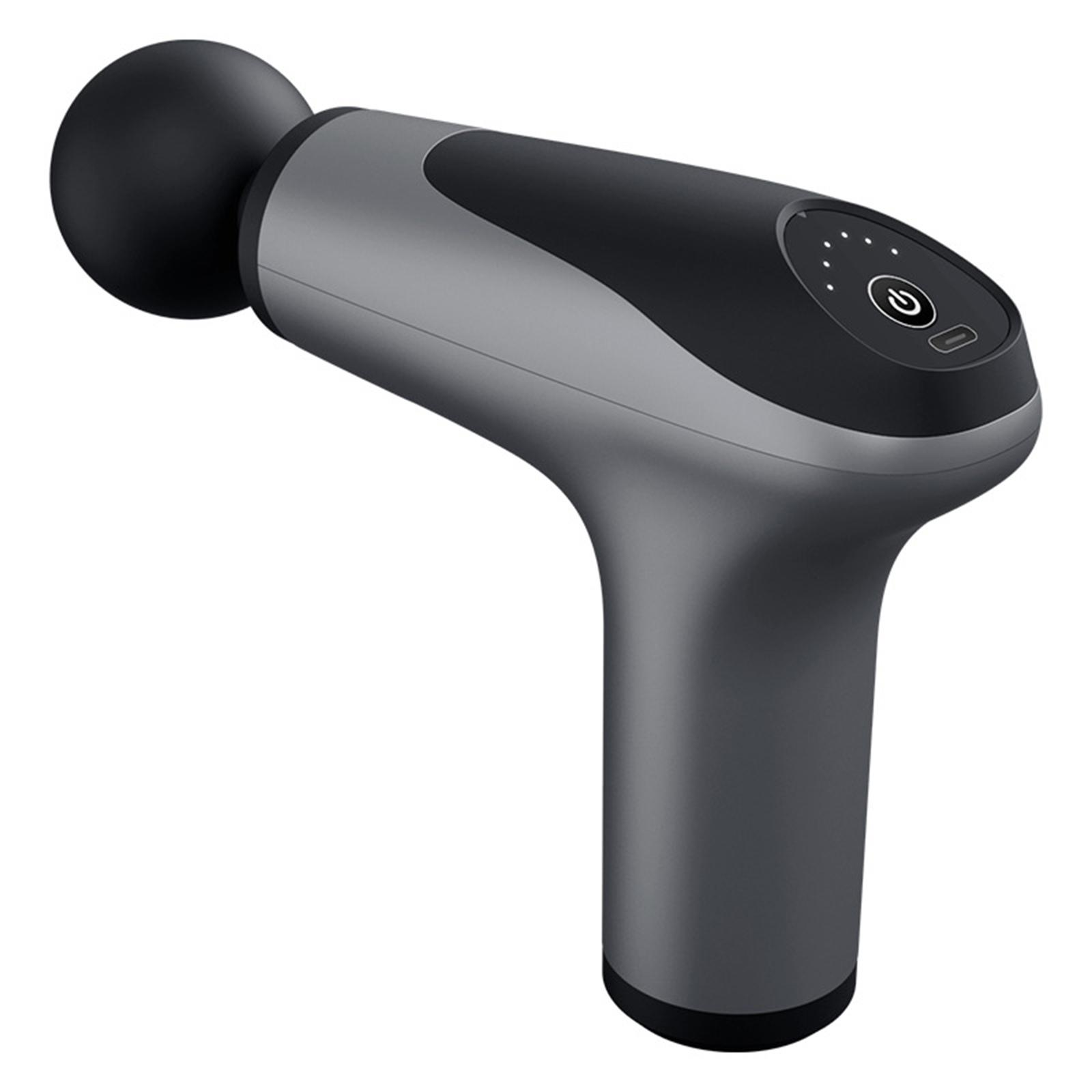 Graue Massagepistole, schwarzer Kopf. Power-Knopf, Bildschirm. Grauer Griff. Schwarze Basis. T-Form.
