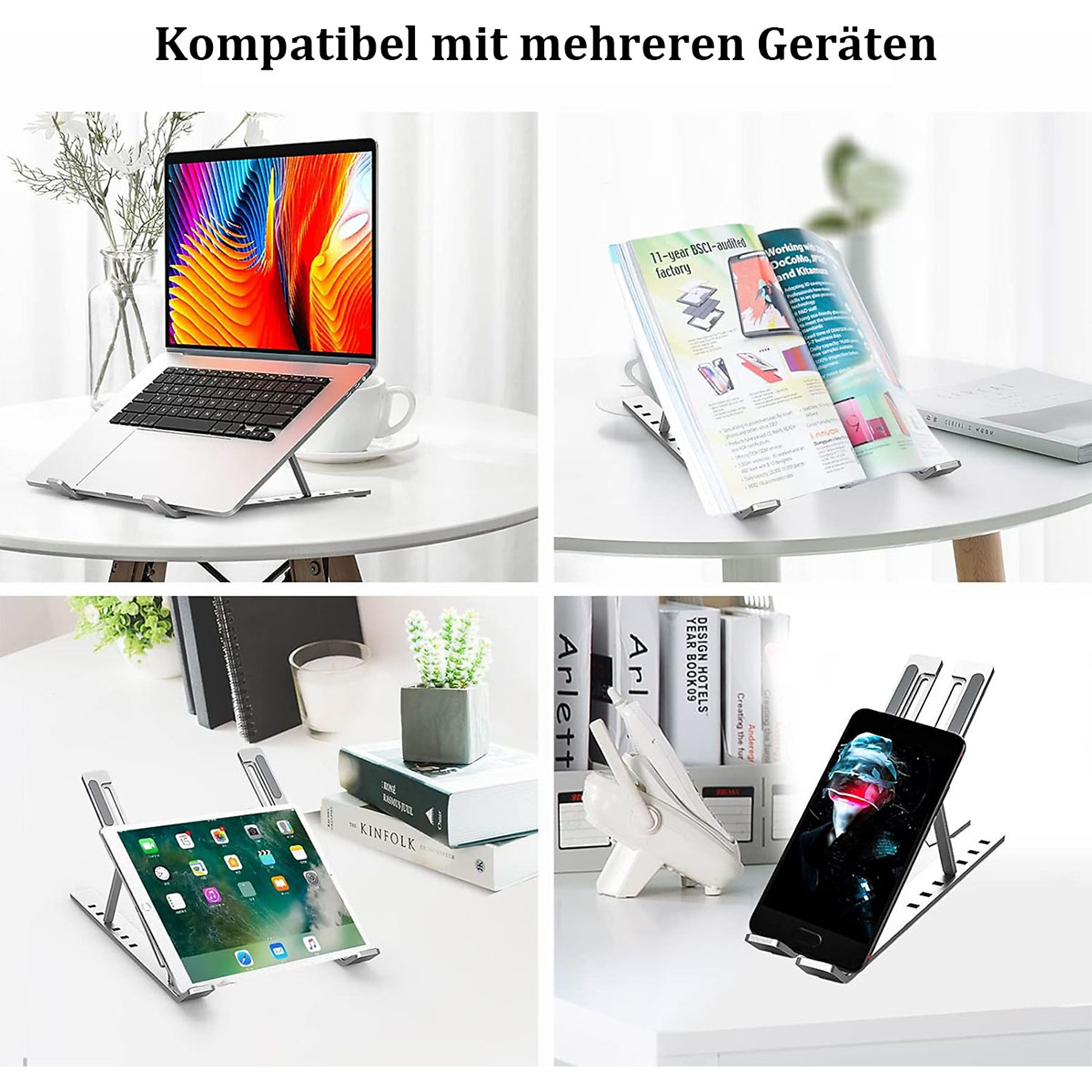 Collage von Laptops, Tablets und Telefonen auf Ständern. Verschiedene Einstellungen und Geräte. Weiße und Holztische.
