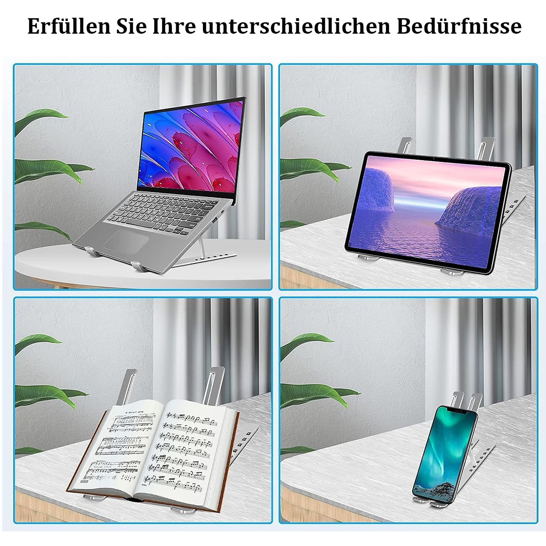 Collage von Geräten auf Ständern. Laptop, Tablet, Buch und Telefon. Verschiedene Einstellungen, weiße und Holztische.