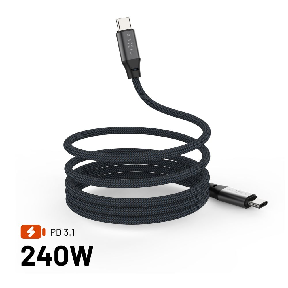 Ein schwarzes USB-C-Kabel mit gewickeltem Abschnitt. Es hat ein FIXED-Logo und PD 3.1, 240W Text darunter. Weißer Hintergrund.