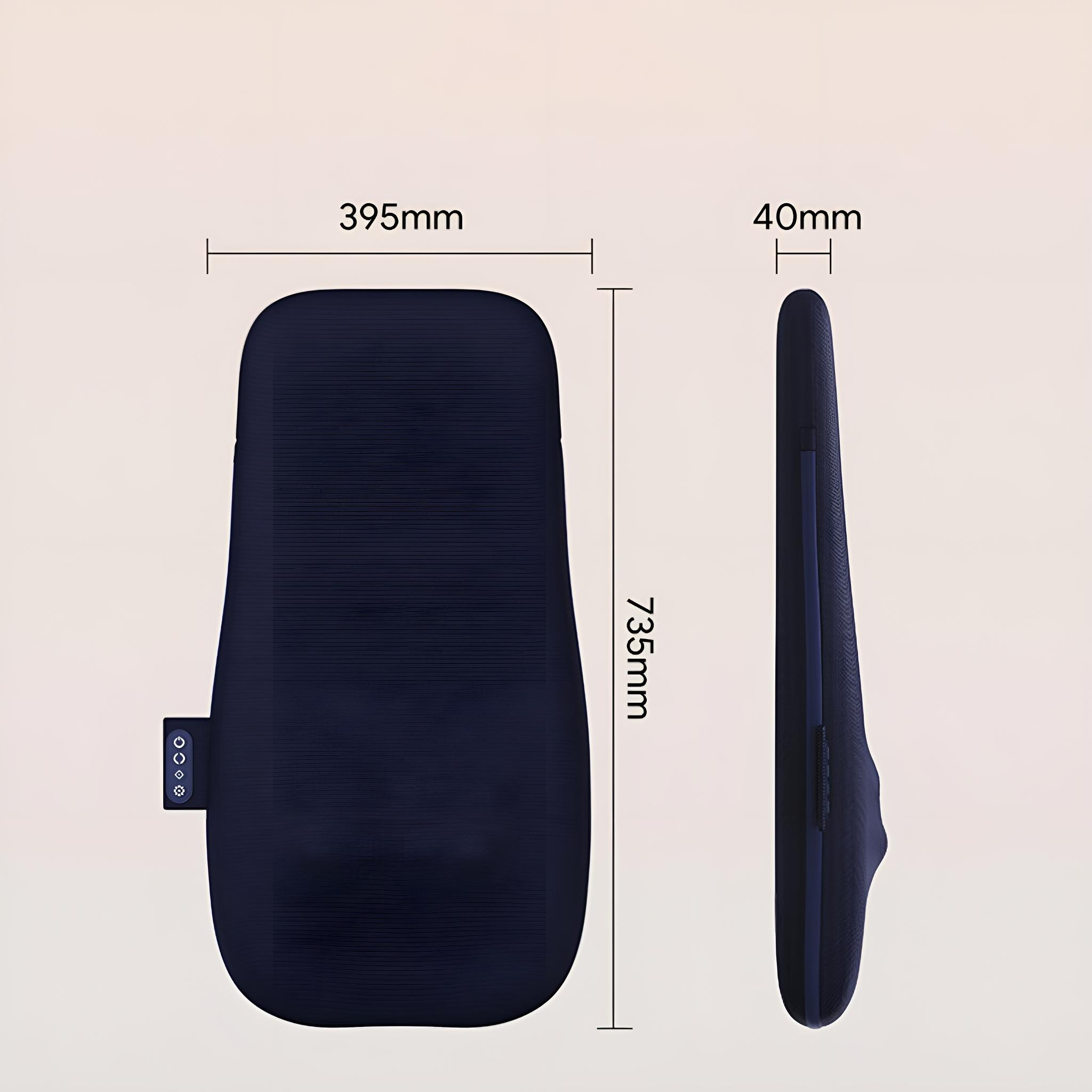 Abmessungen des dunkelblauen Rückenstützpolsters mit einer Breite von 395 mm und einer Höhe von 735 mm.