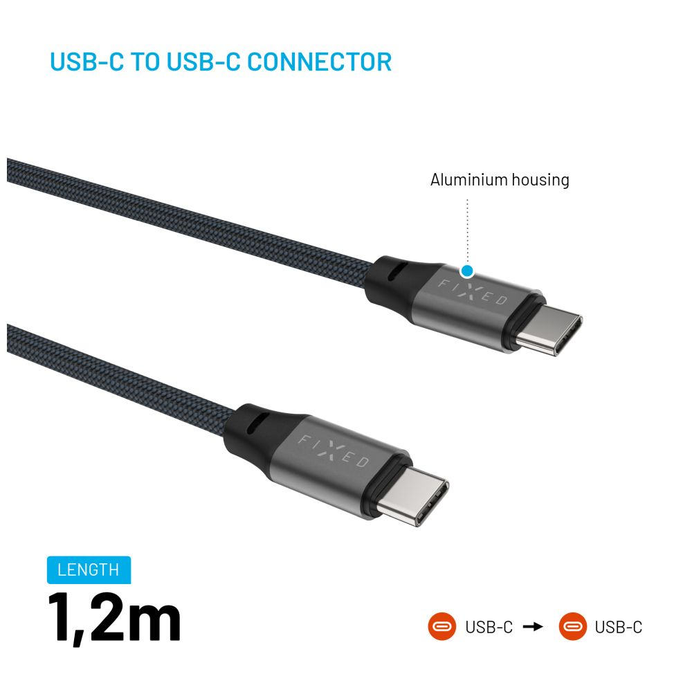 Nahaufnahme eines schwarzen, geflochtenen USB-C-zu-USB-C-Kabels mit Aluminiumgehäuseanschlüssen.